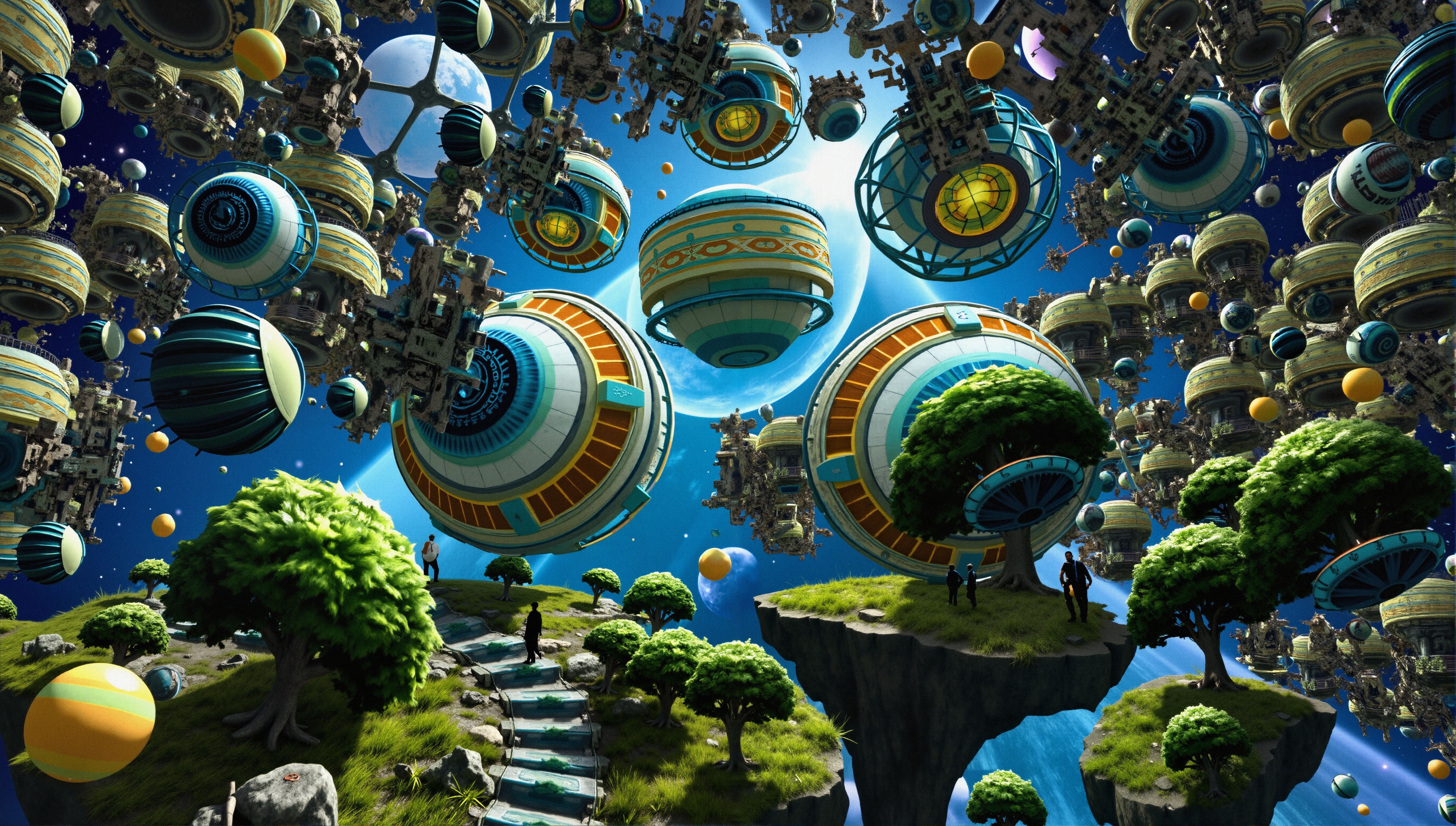 A futuristic cosmic scene with floating orbs and lush greenery, blending technology and nature.