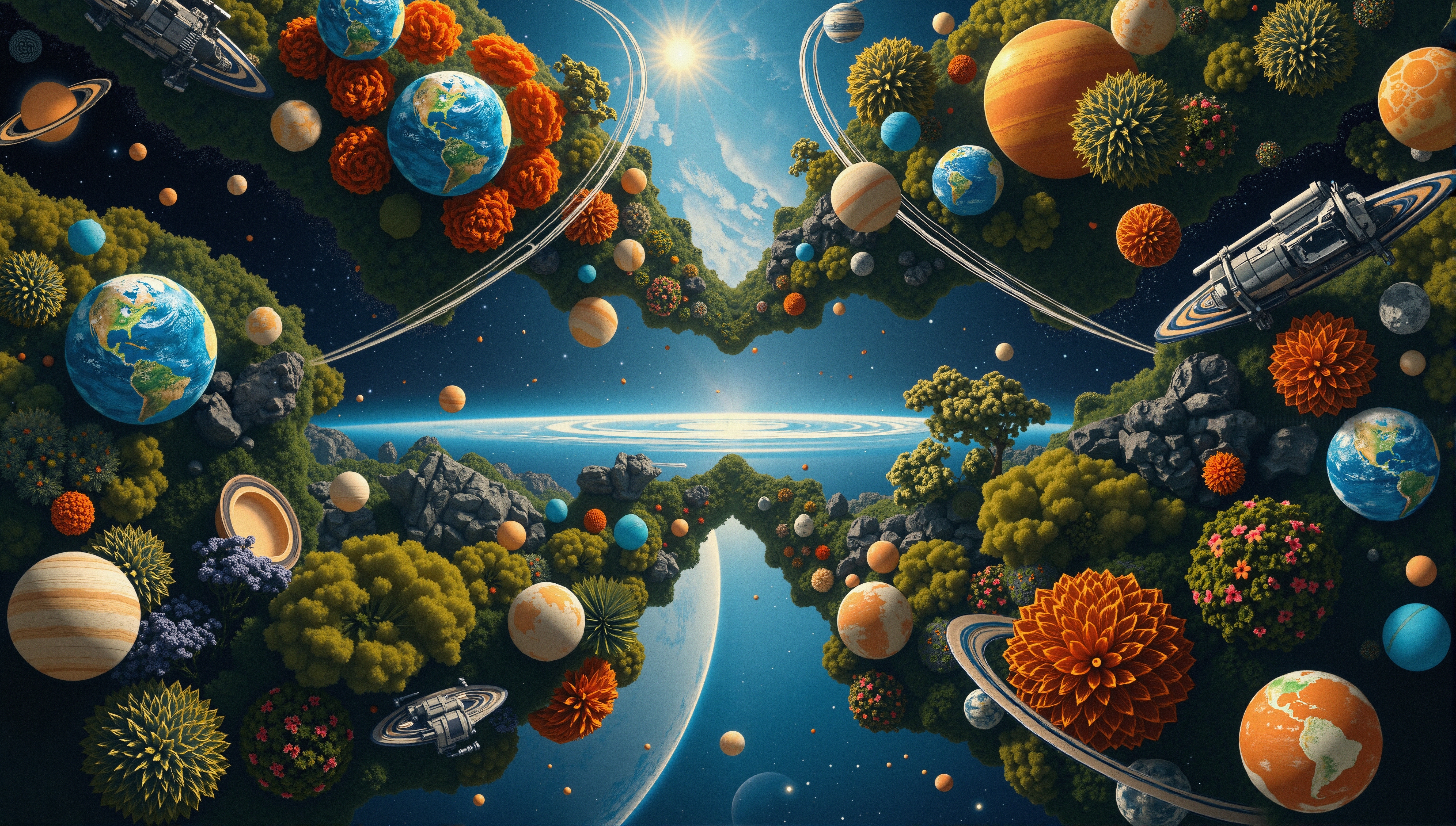 Vivid cosmic illustration combining nature with multidimensional space.