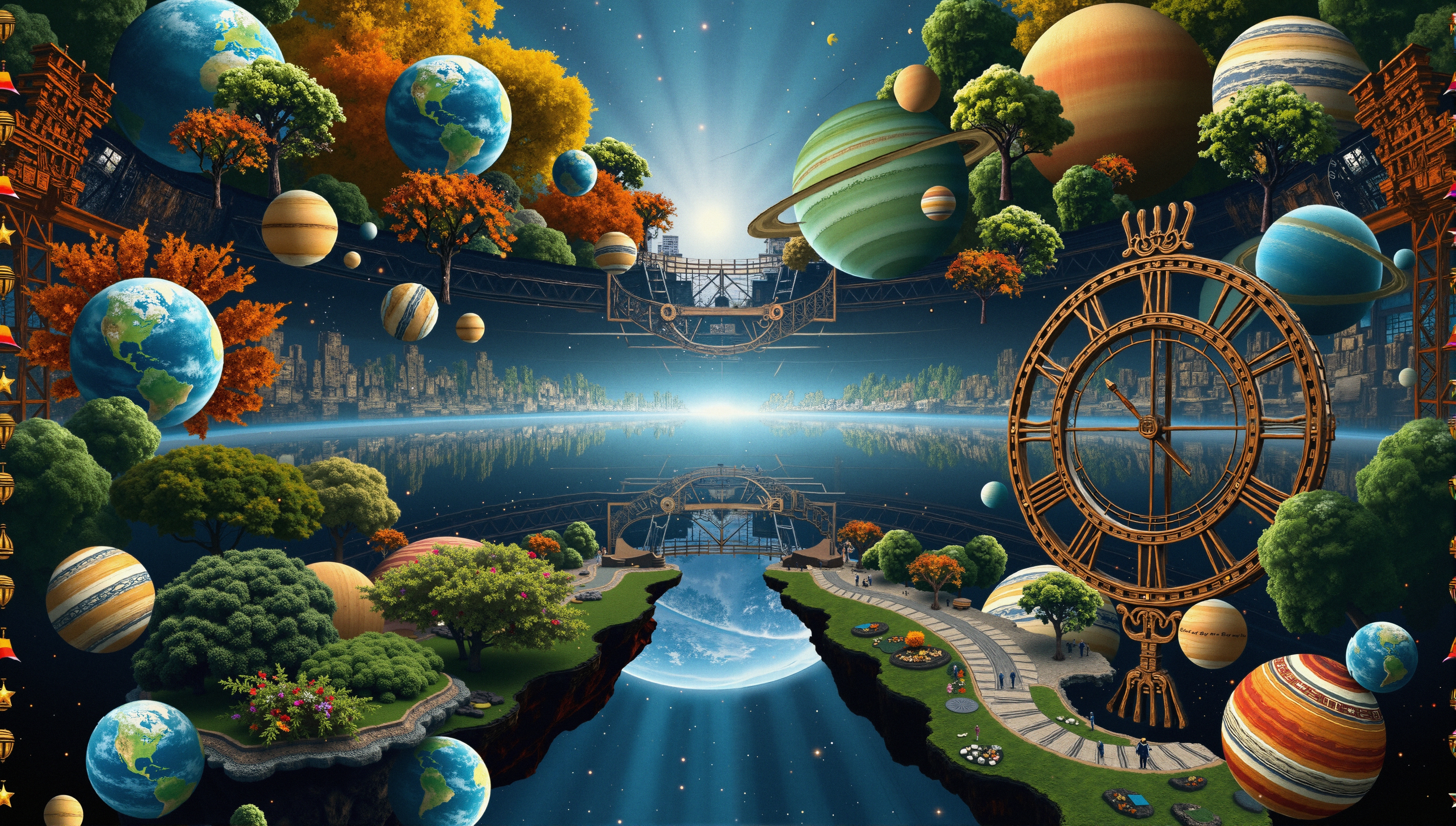 A fantastical scene with floating planets, vibrant trees, and a central ornate clock.
