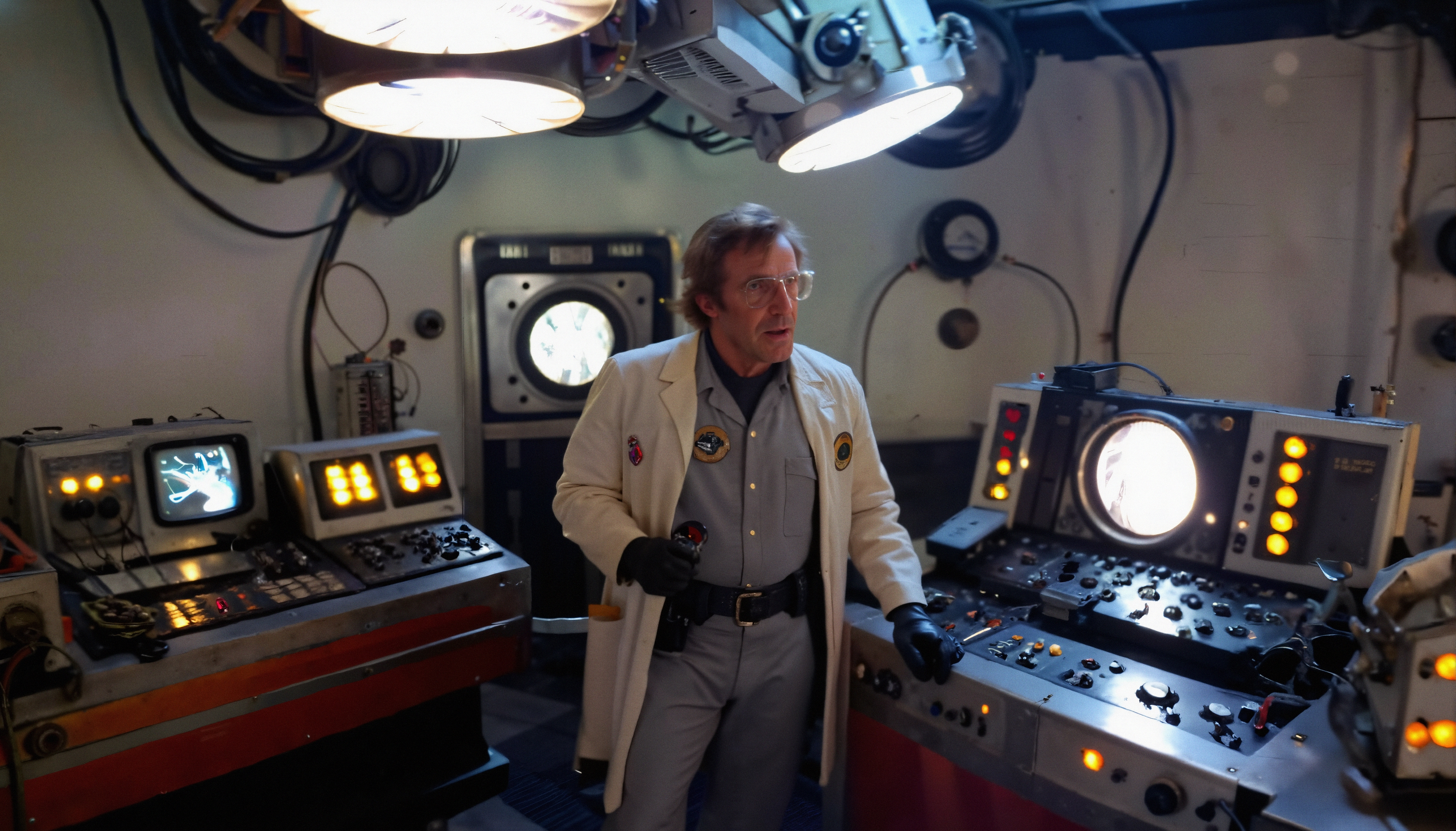 A scientist in a retro laboratory works with vintage control panels, enveloped in a warm, illuminated ambiance suitable for scientific exploration.