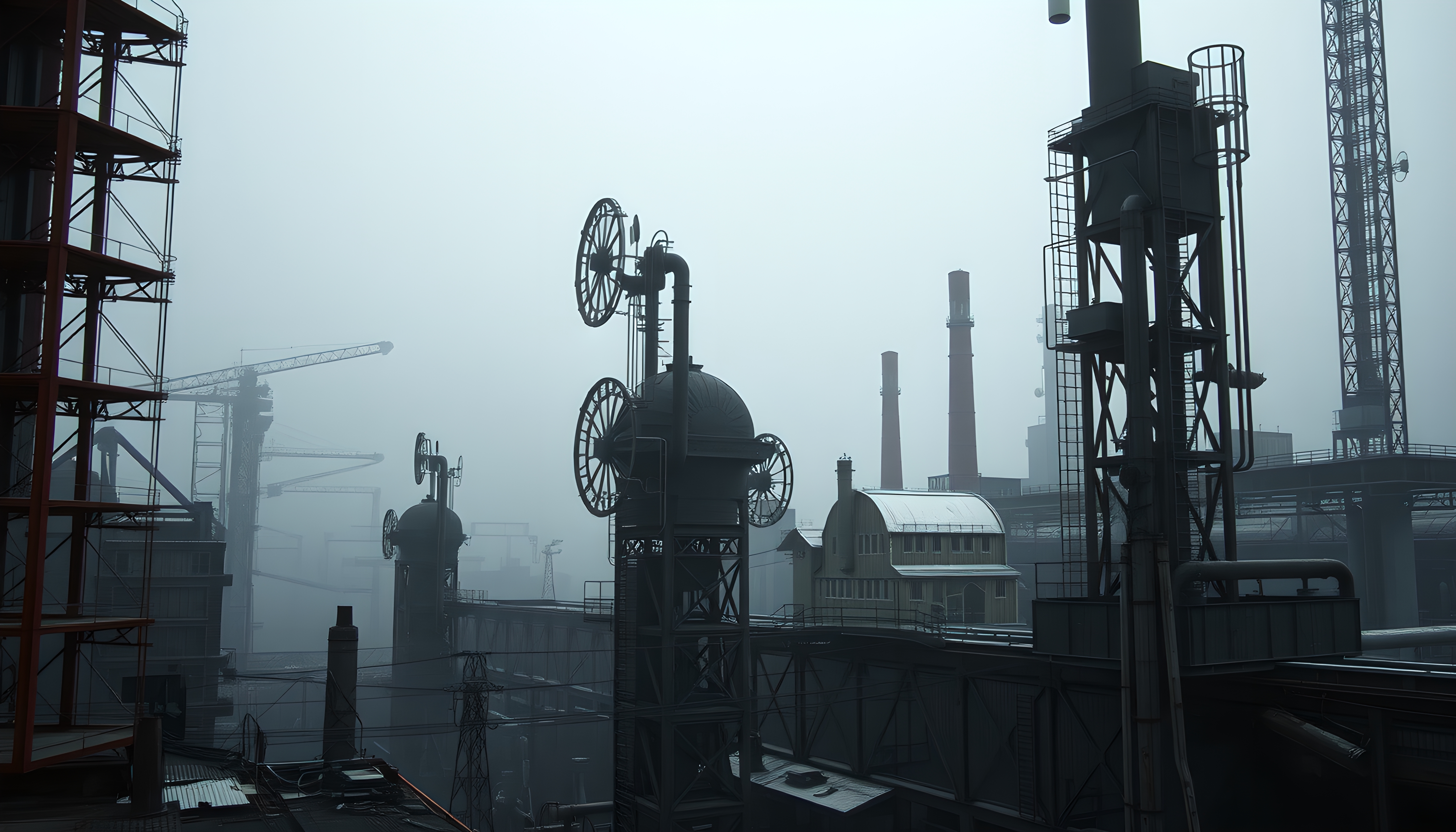 Industrial structures amidst dense fog.
