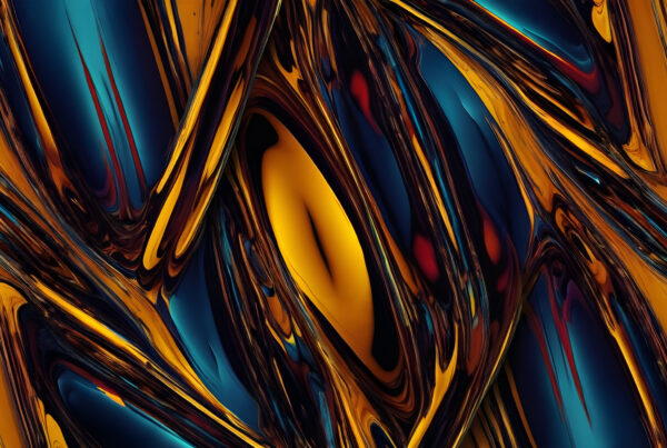Abstract Metallic Fluid Art with Dynamic Gold and Blue Swirls
