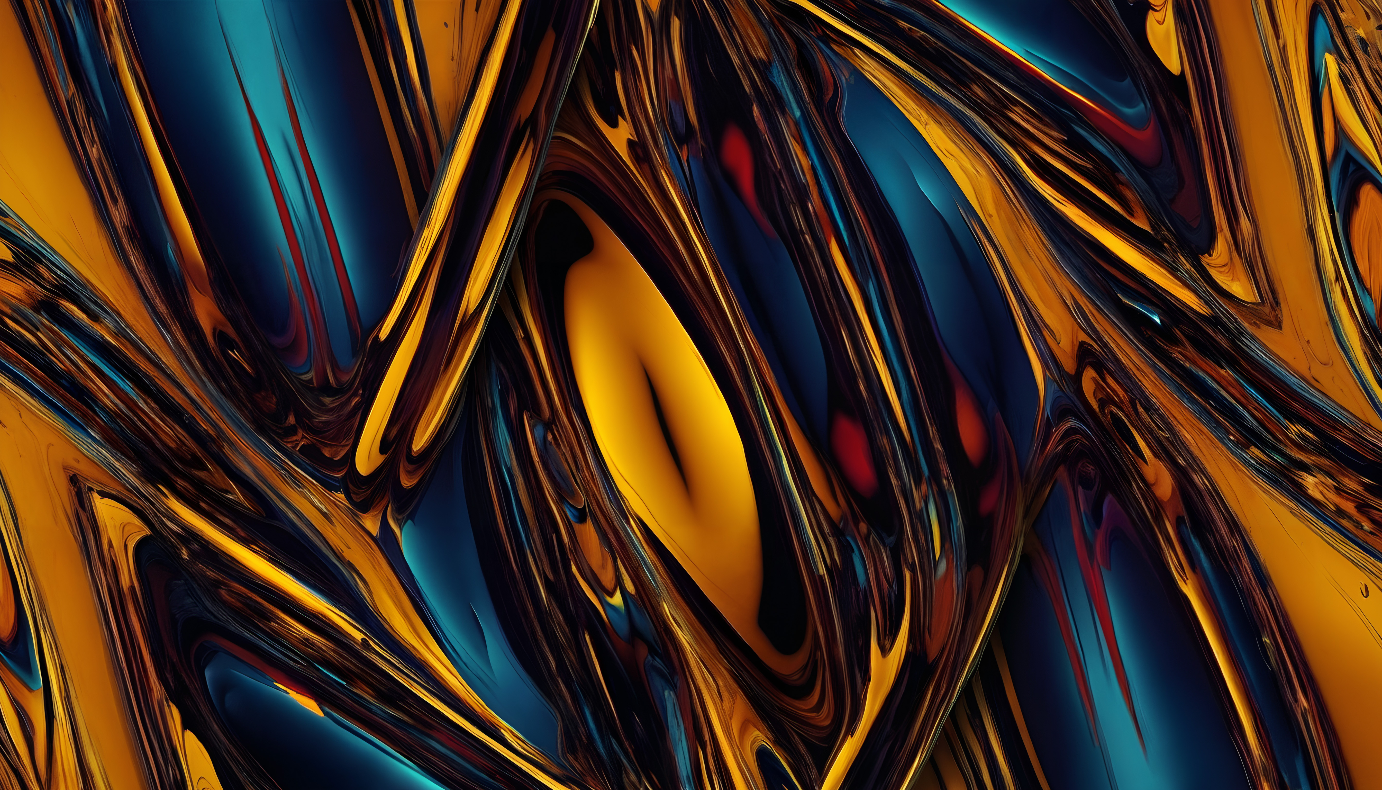 Abstract Metallic Fluid Art with Dynamic Gold and Blue Swirls