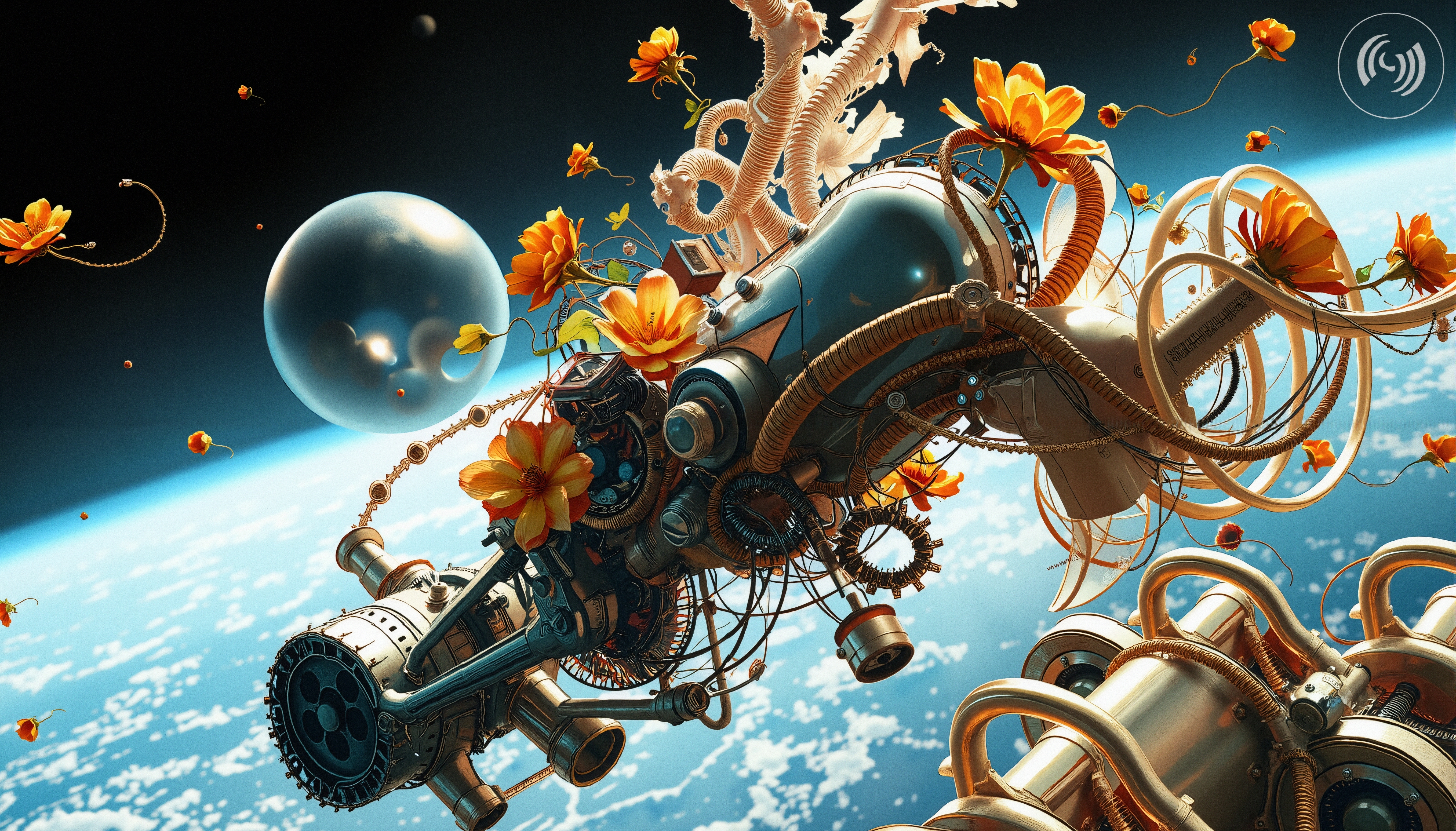 A futuristic space module with vibrant flowers floating above Earth in a harmonious blend of technology and nature.