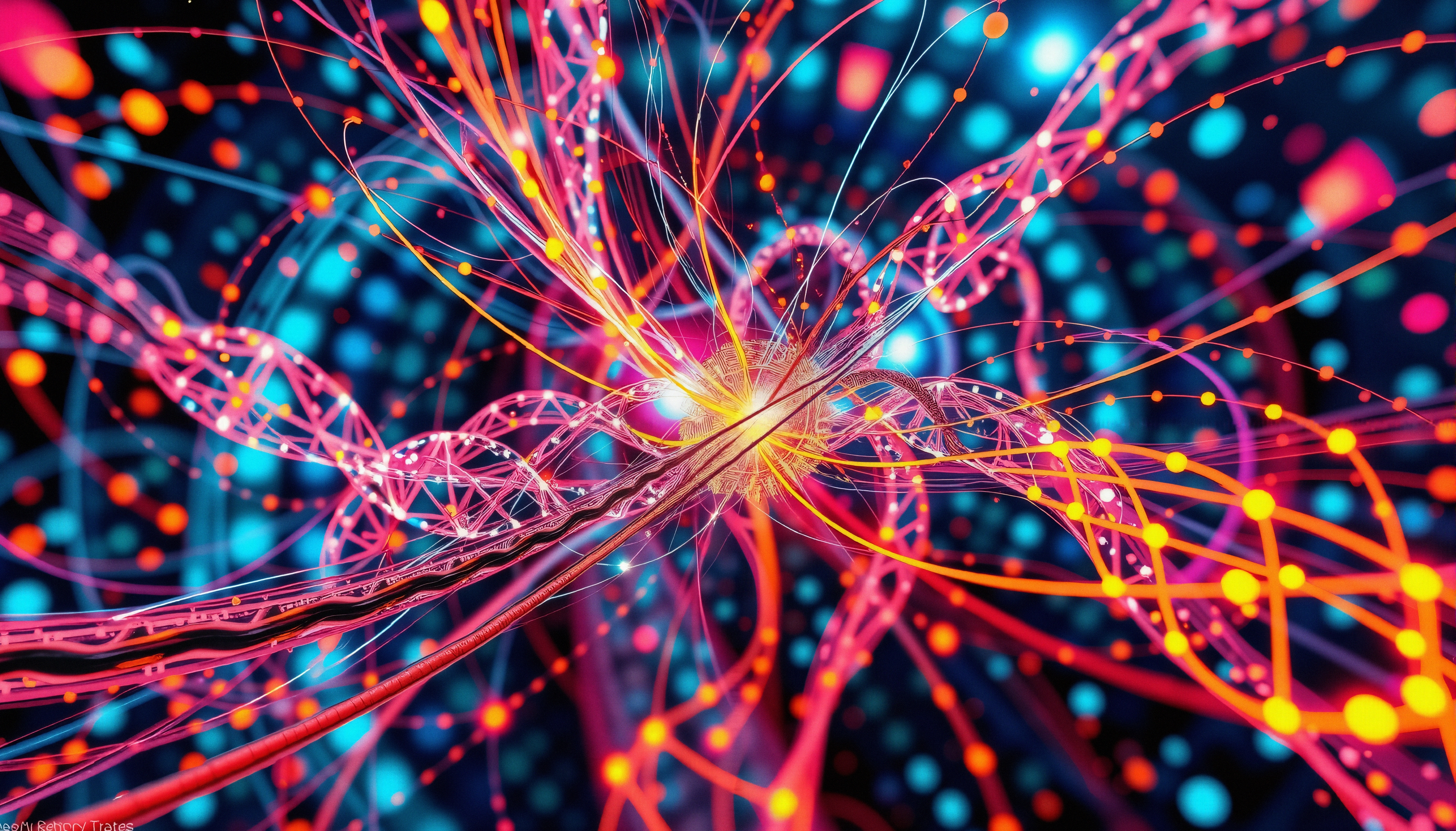 A dynamic neural network illustration with neon colors showcasing vibrant, interconnected pathways and a glowing central node.