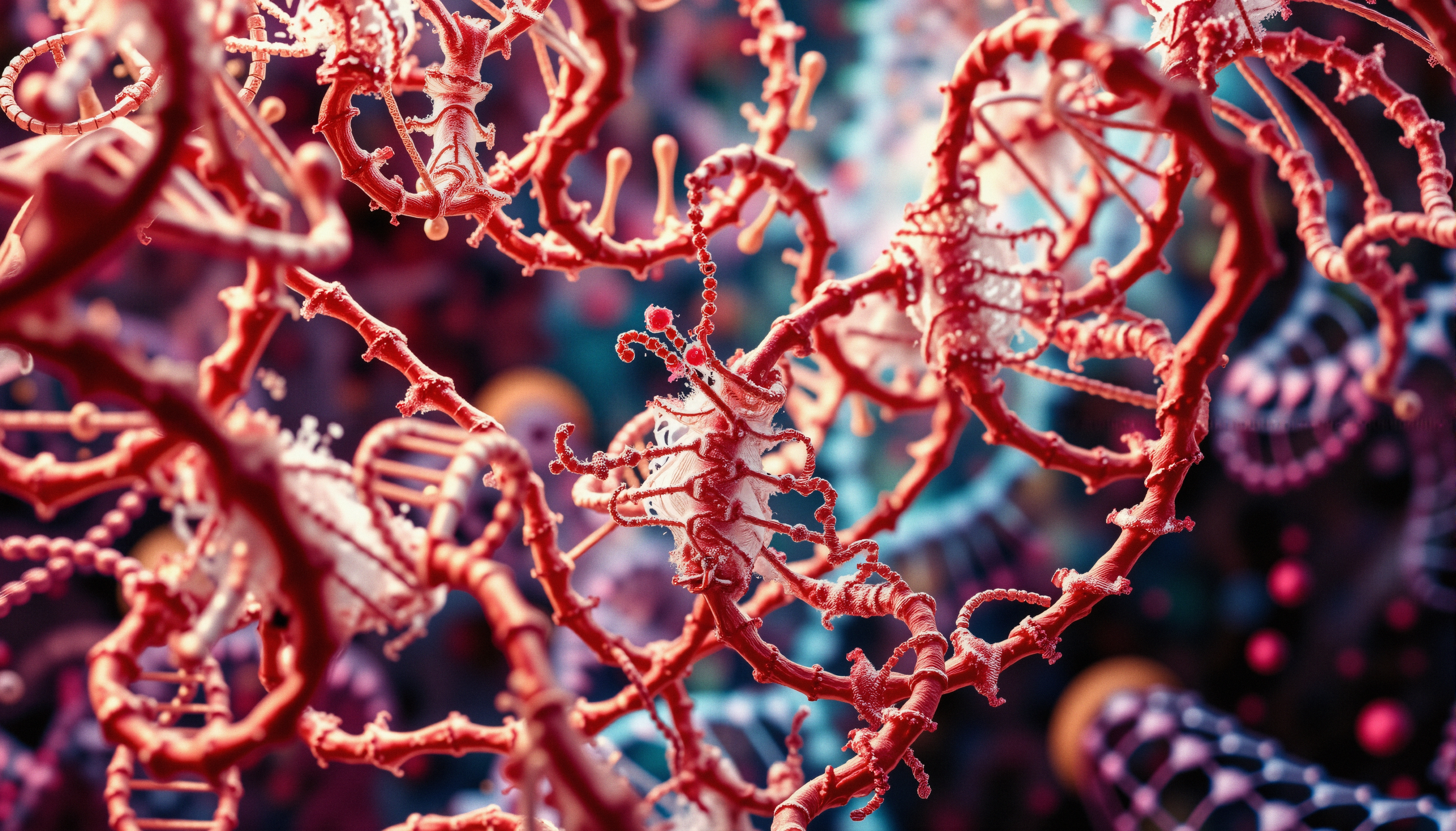Close-up of vibrant DNA strands coiling intricately in a detailed scientific representation.