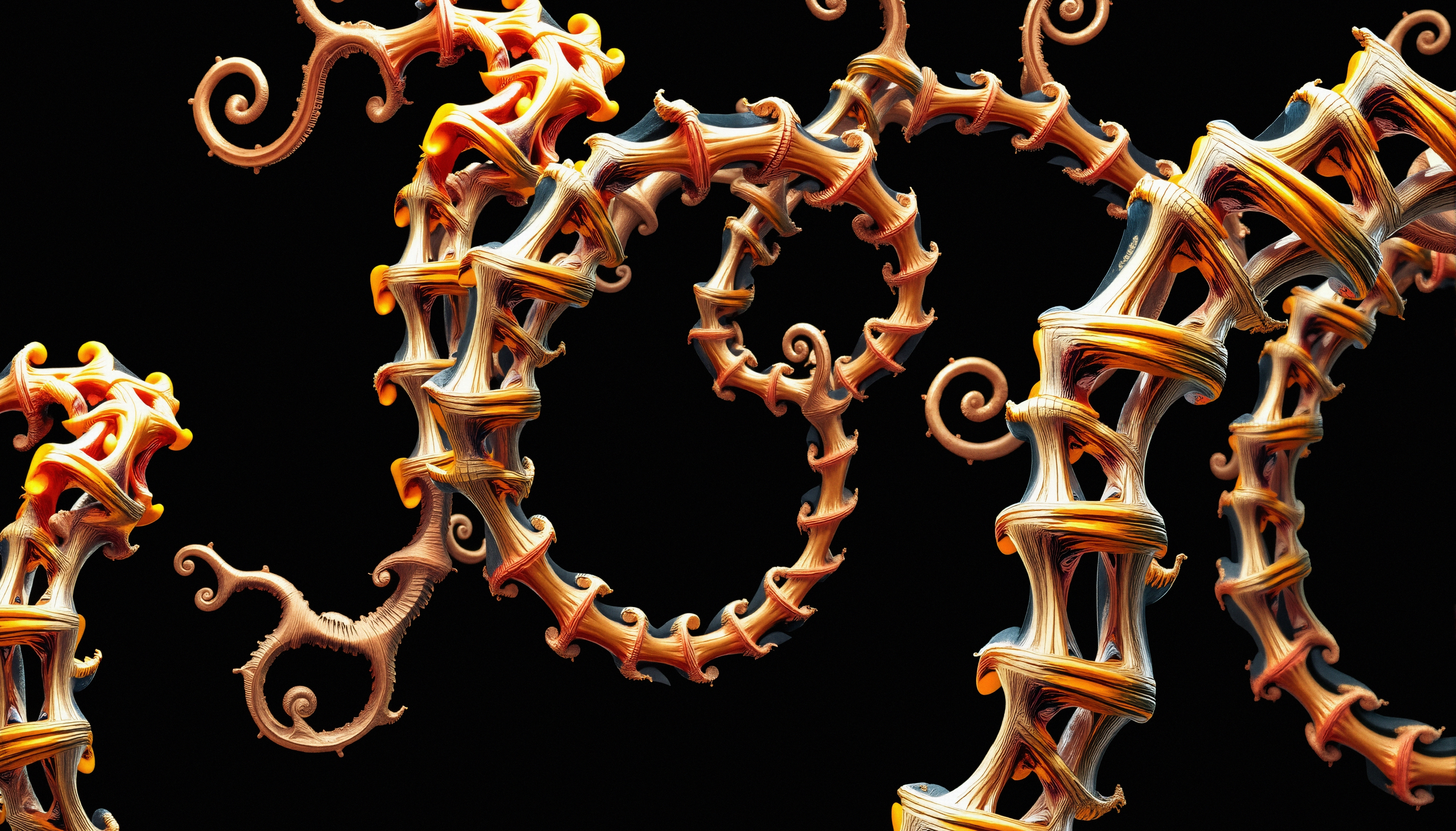 A vibrant digital artwork with intricate spirals against a black background.