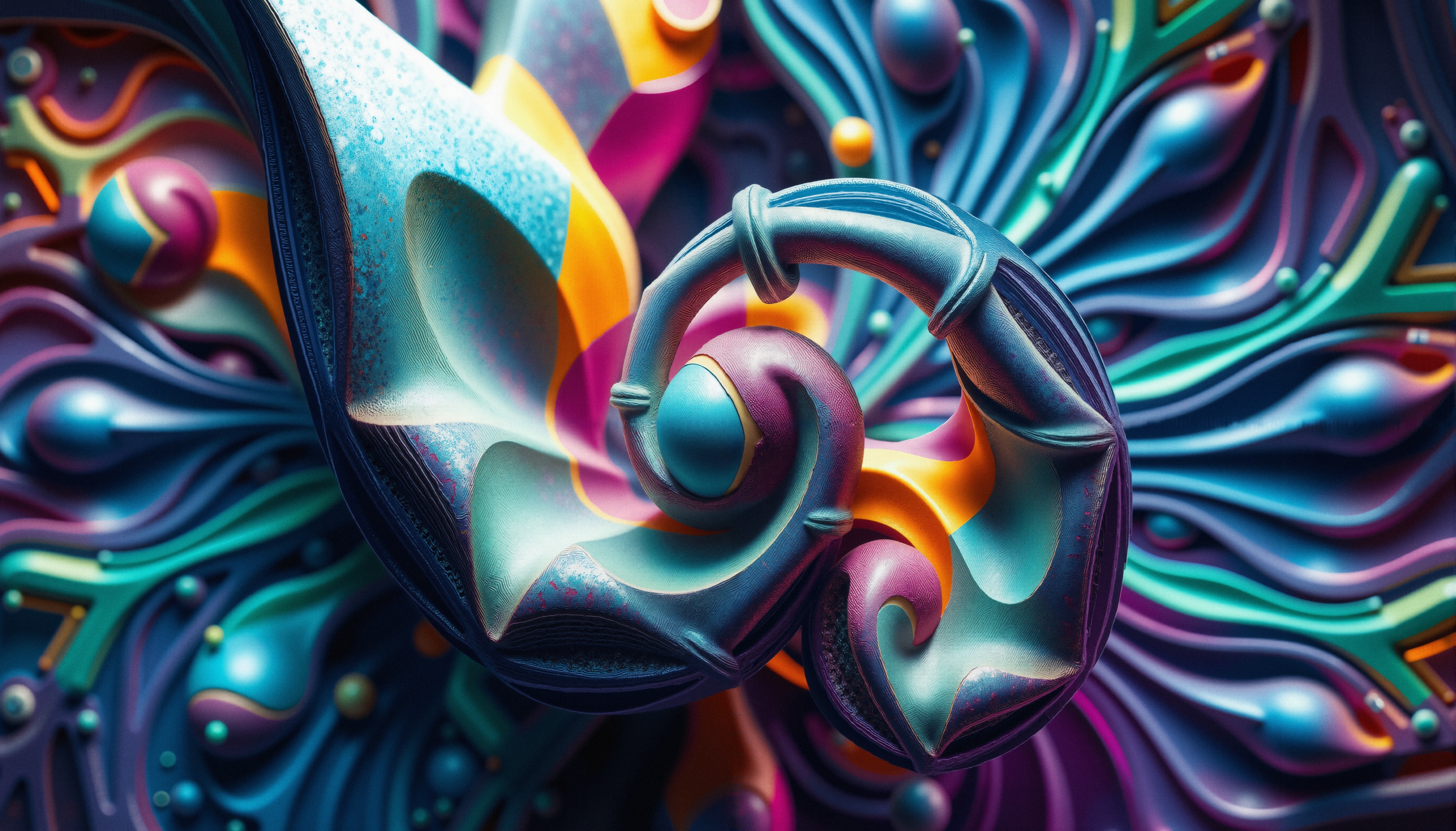 A vivid abstract design with swirling forms and vibrant colors.