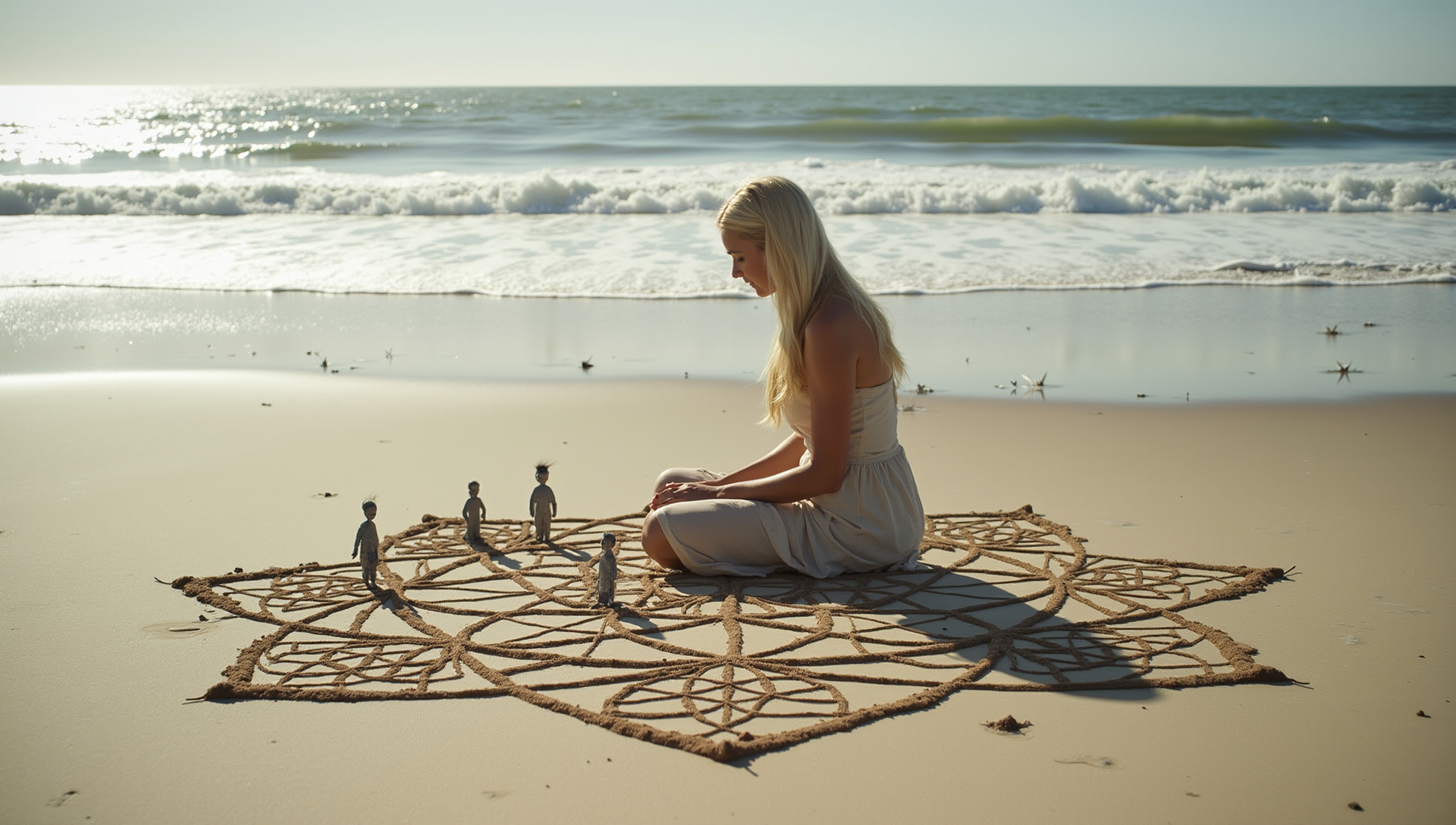 A woman sits on the beach surrounded by sand art and figures.