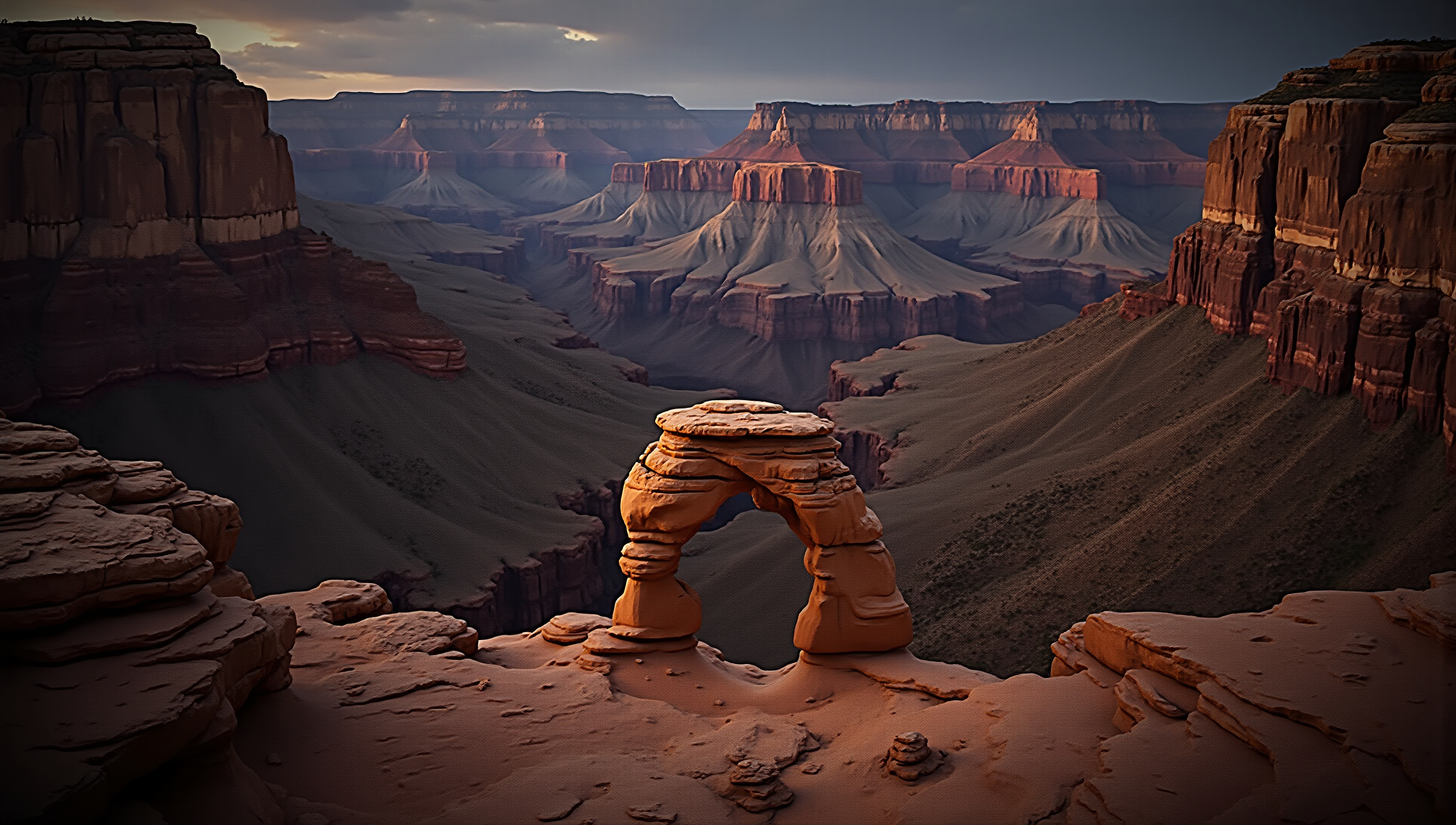 Natural sandstone arch overlooking expansive canyon.