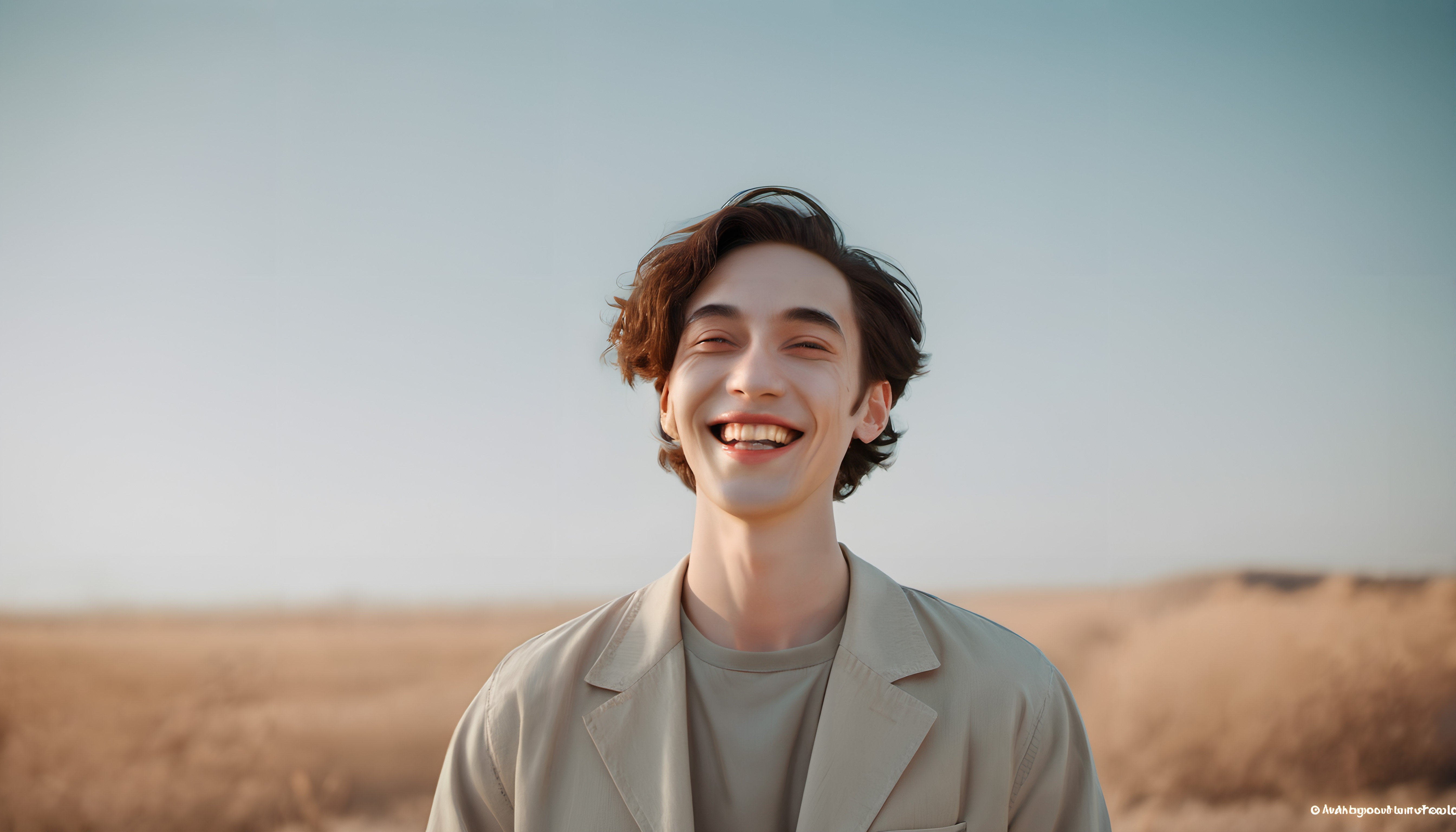 Young man smiling happily in outdoor field wearing beige clothing under sunny skies