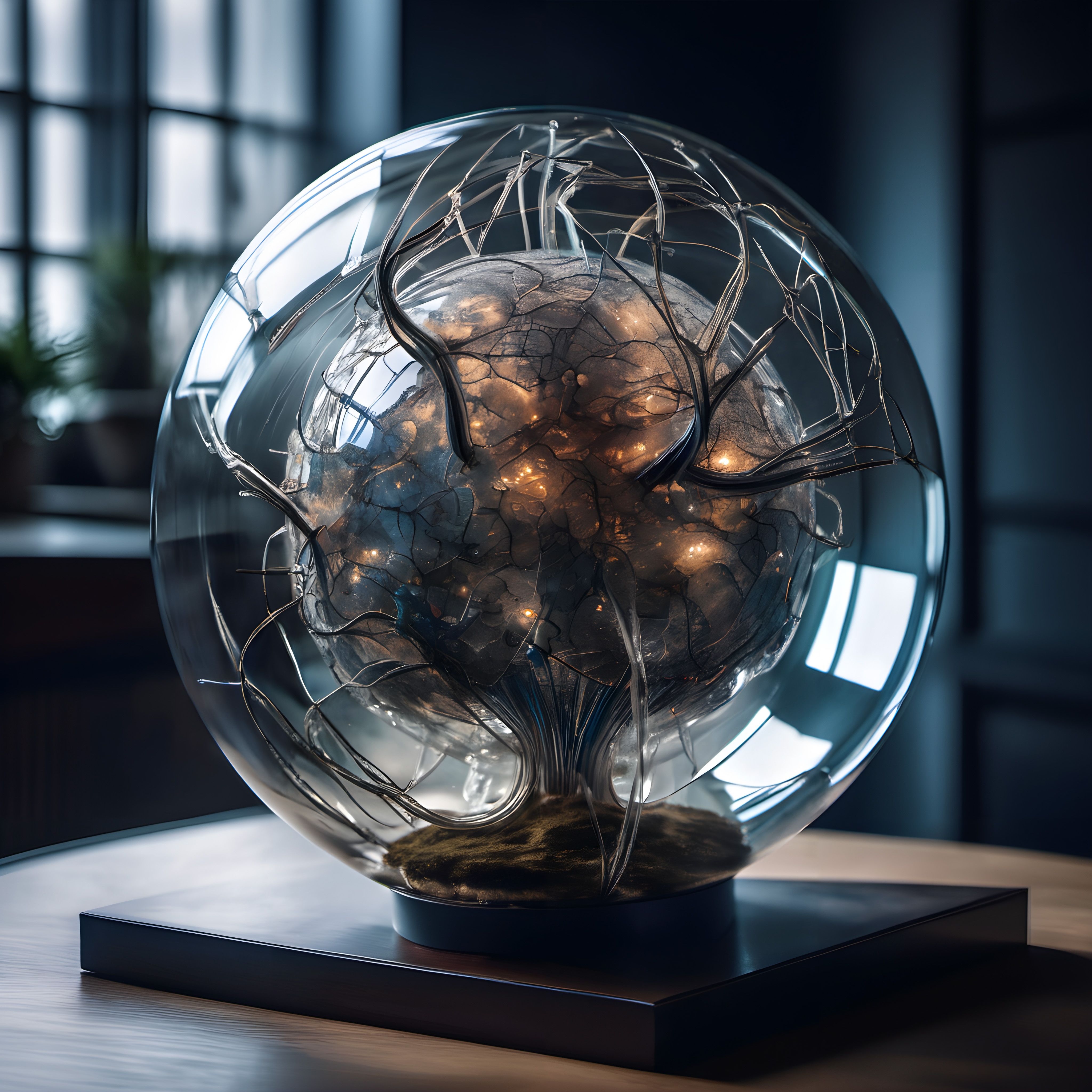A glowing neural sculpture encased in a glass sphere on a table settings.
