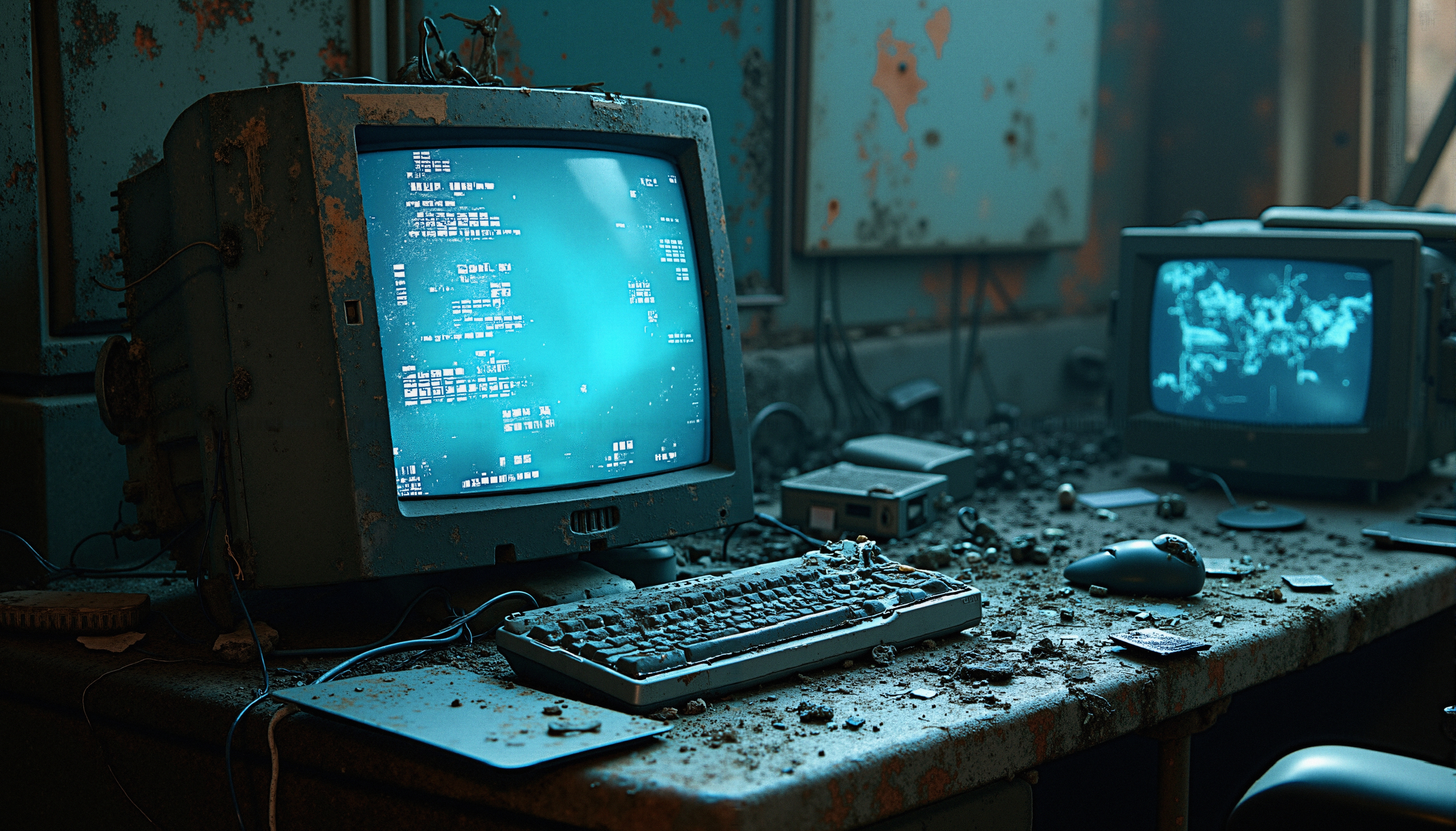 A rusted, abandoned computer setup with dusty monitors displaying coding on a blue screen, symbolizing vintage technology decay.