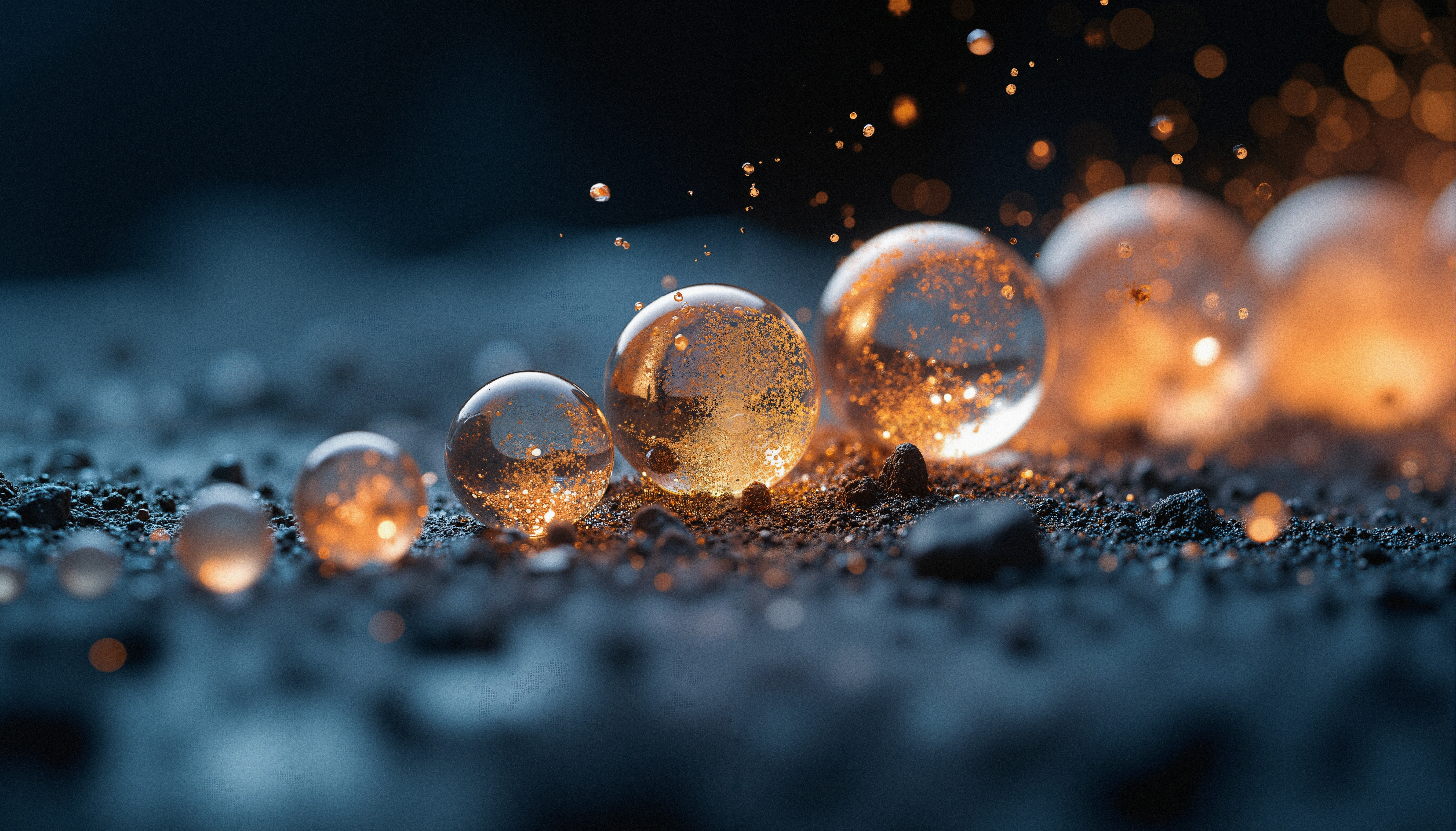 Glowing glass spheres on textured surface with warm light.