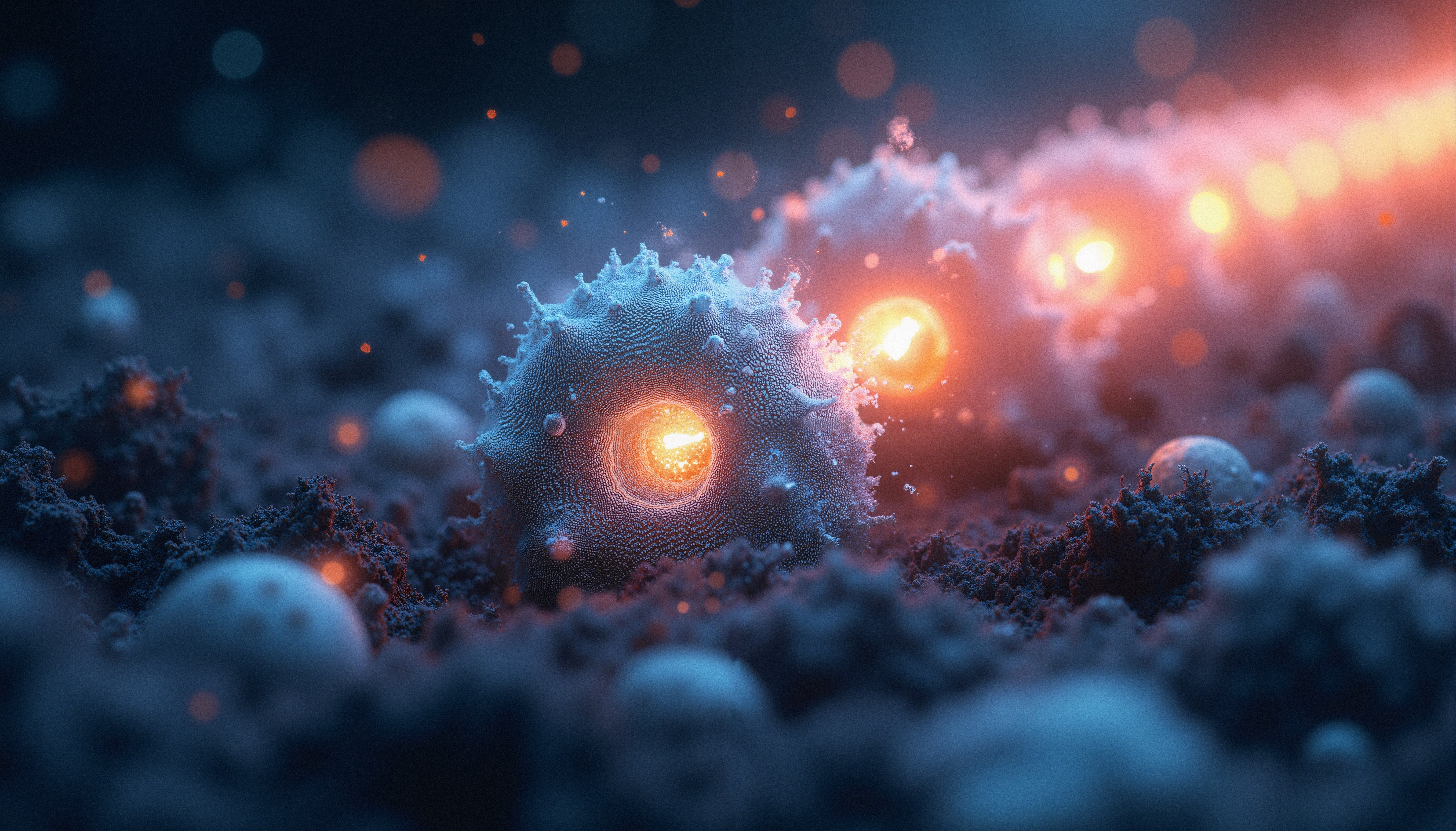 A glowing abstract image depicting luminescent cellular structures with intricate textures against a dark blue backdrop.