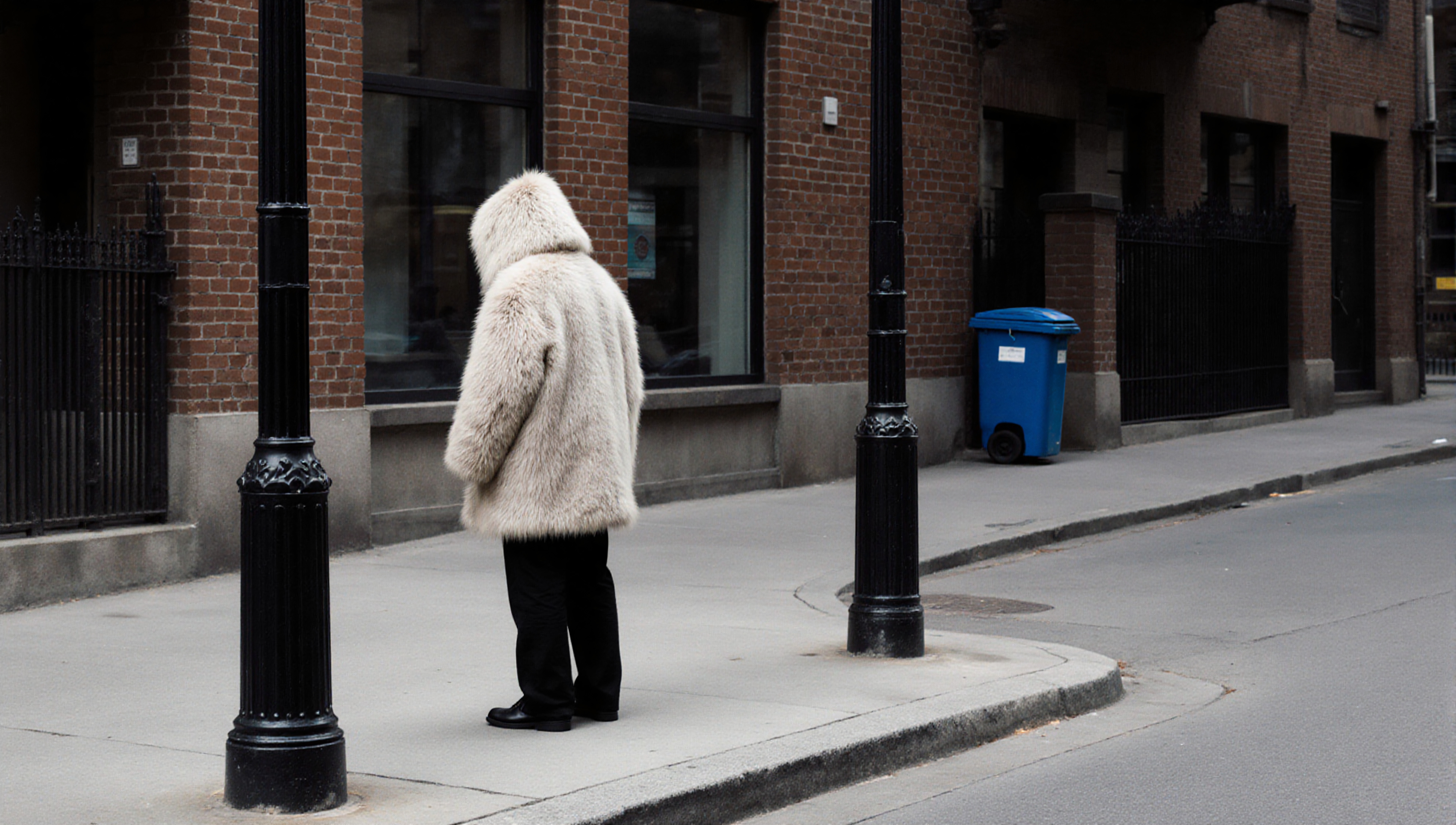 Person in fluffy light coat standing on an urban street corner.