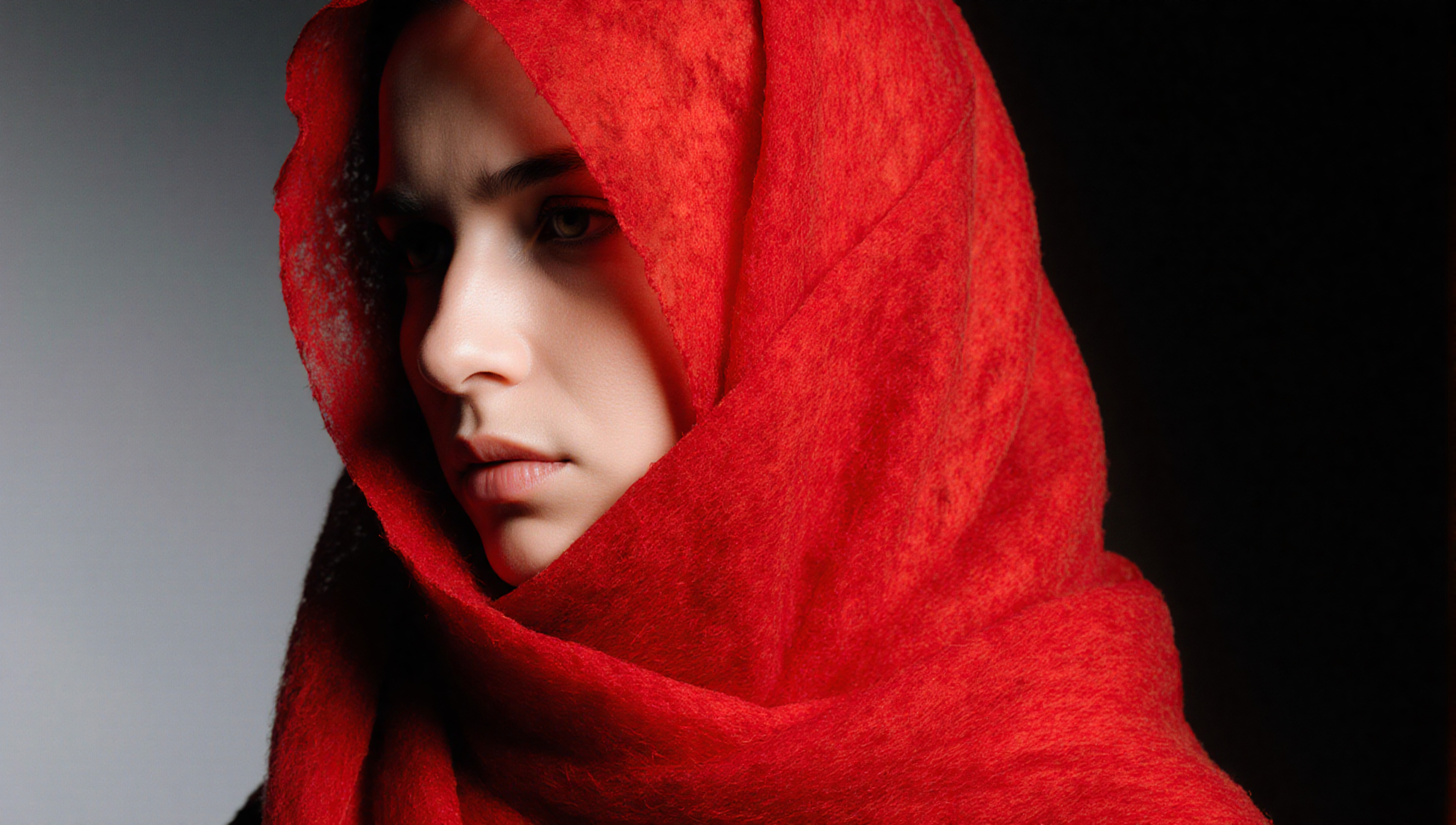 A thoughtful portrait of a woman wrapped in a red scarf.