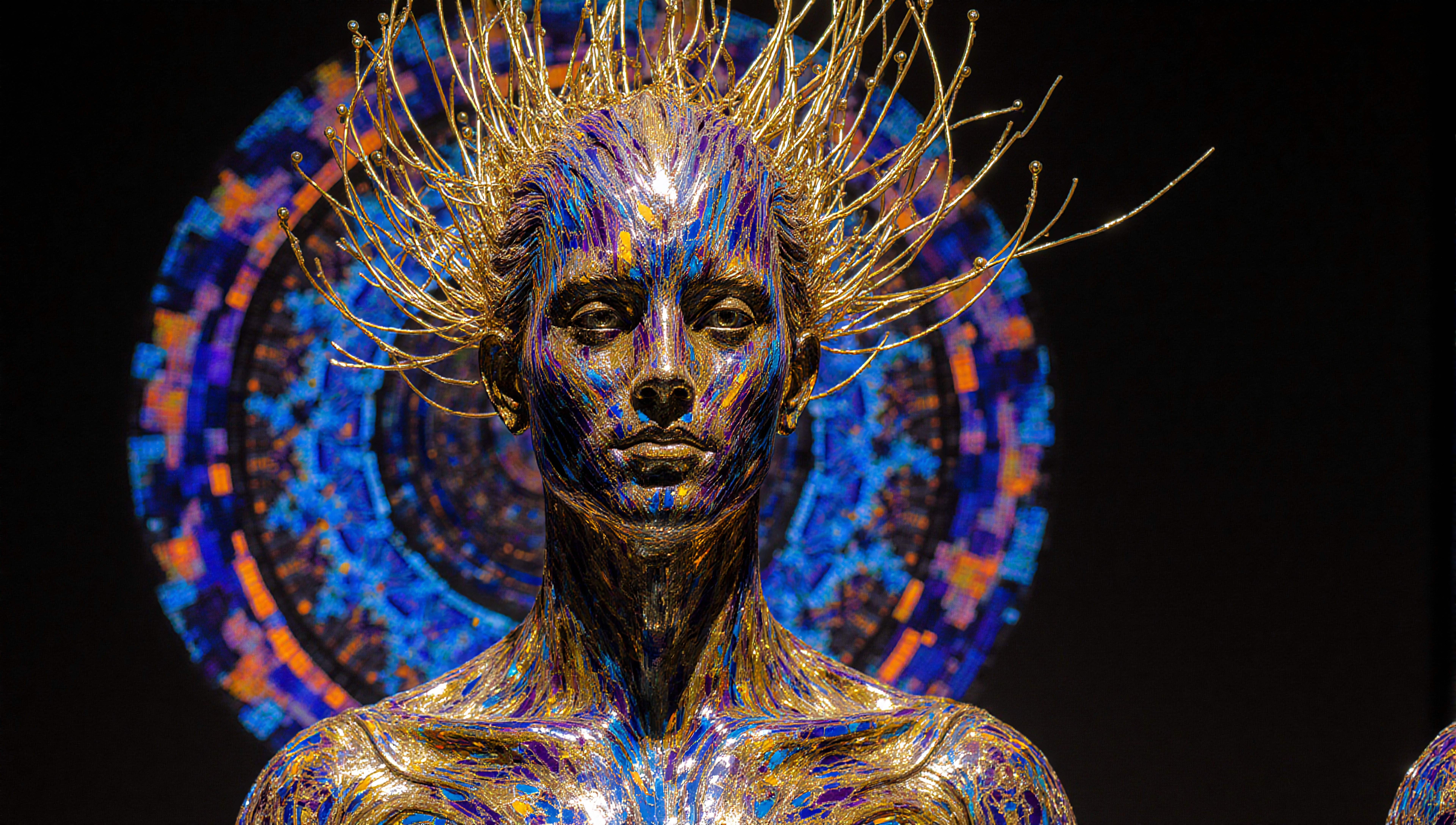 A futuristic metallic humanoid sculpture with golden filament halo and vibrant circular backdrop.