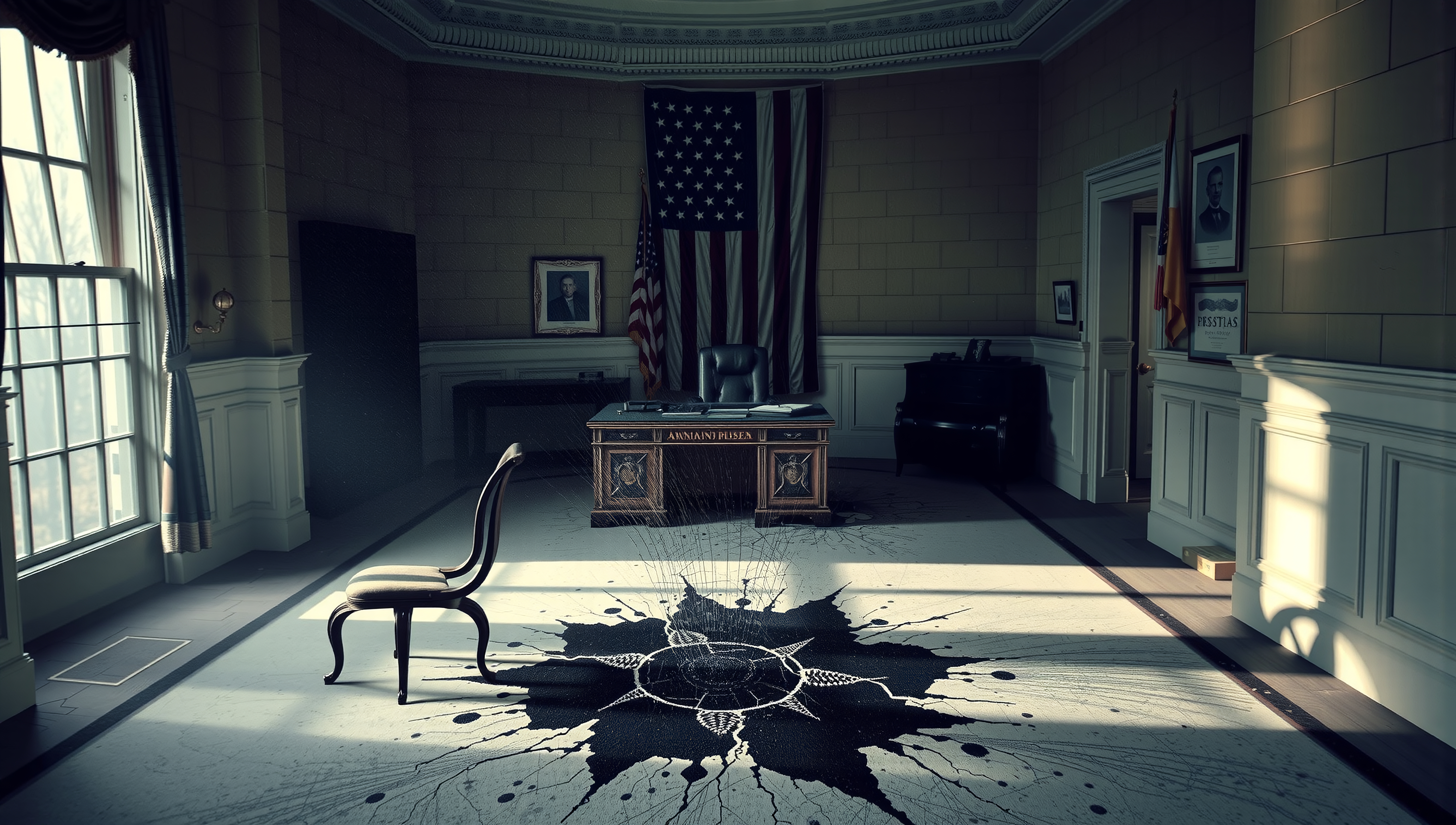 Interior of a grand political office with a wooden desk, chair, and American flag, featuring intricate light and shadow play.