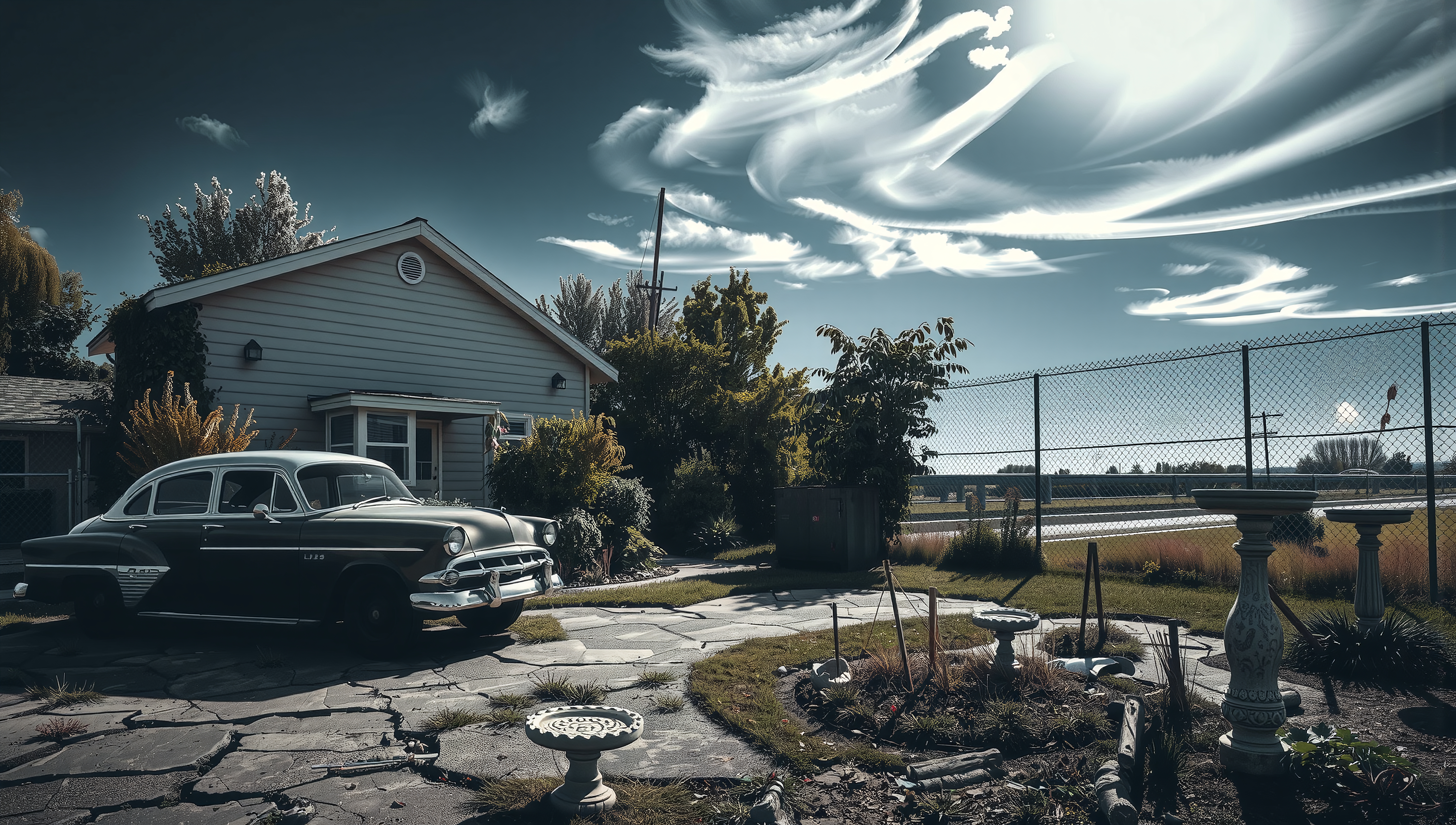 A vintage car parked in front of a classic suburban house under a sky filled with wispy clouds.