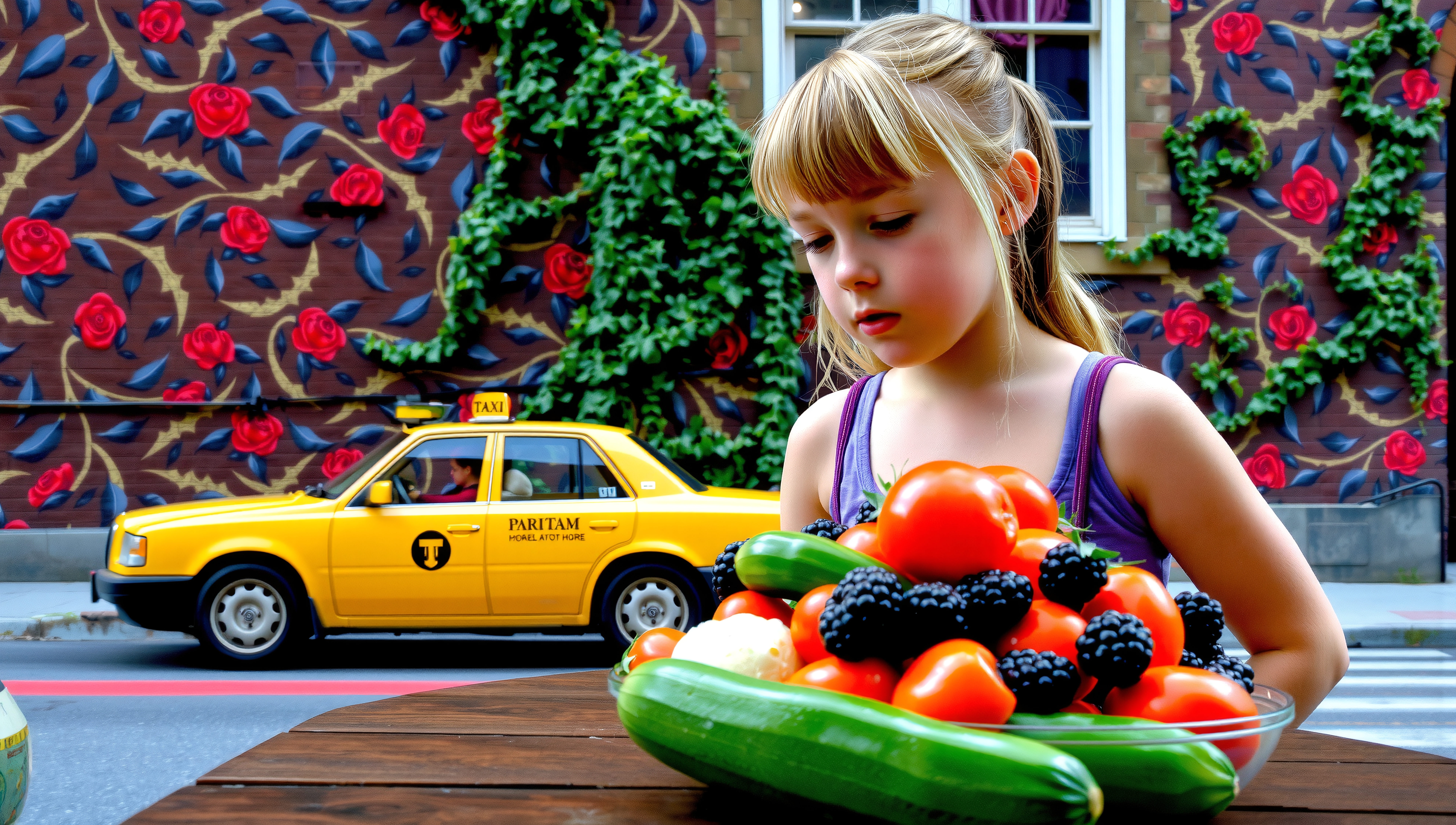 A young girl sits at a wooden table outdoors with fresh produce and a mural.