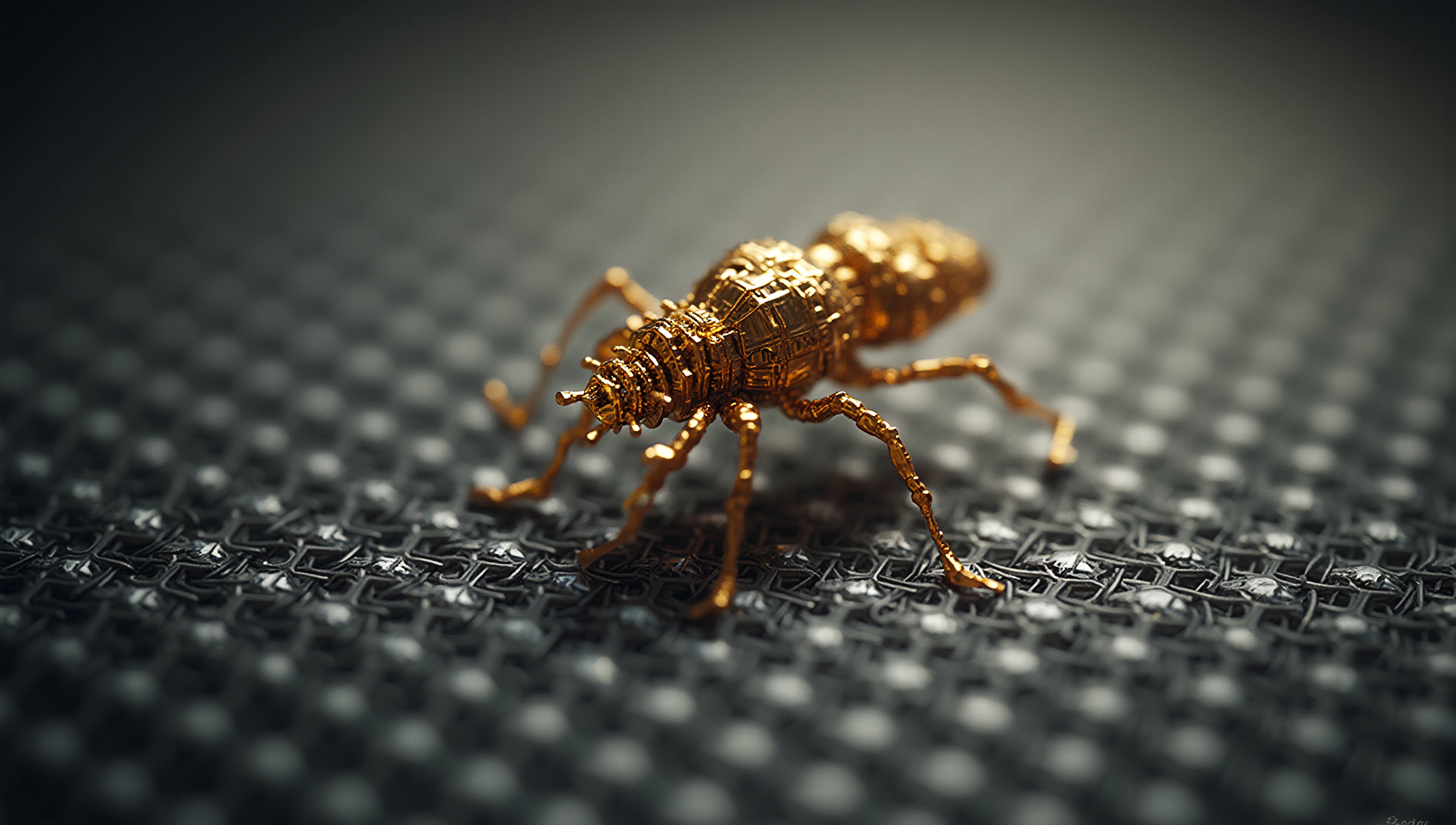 An artistic golden ant sculpture on a textured surface.