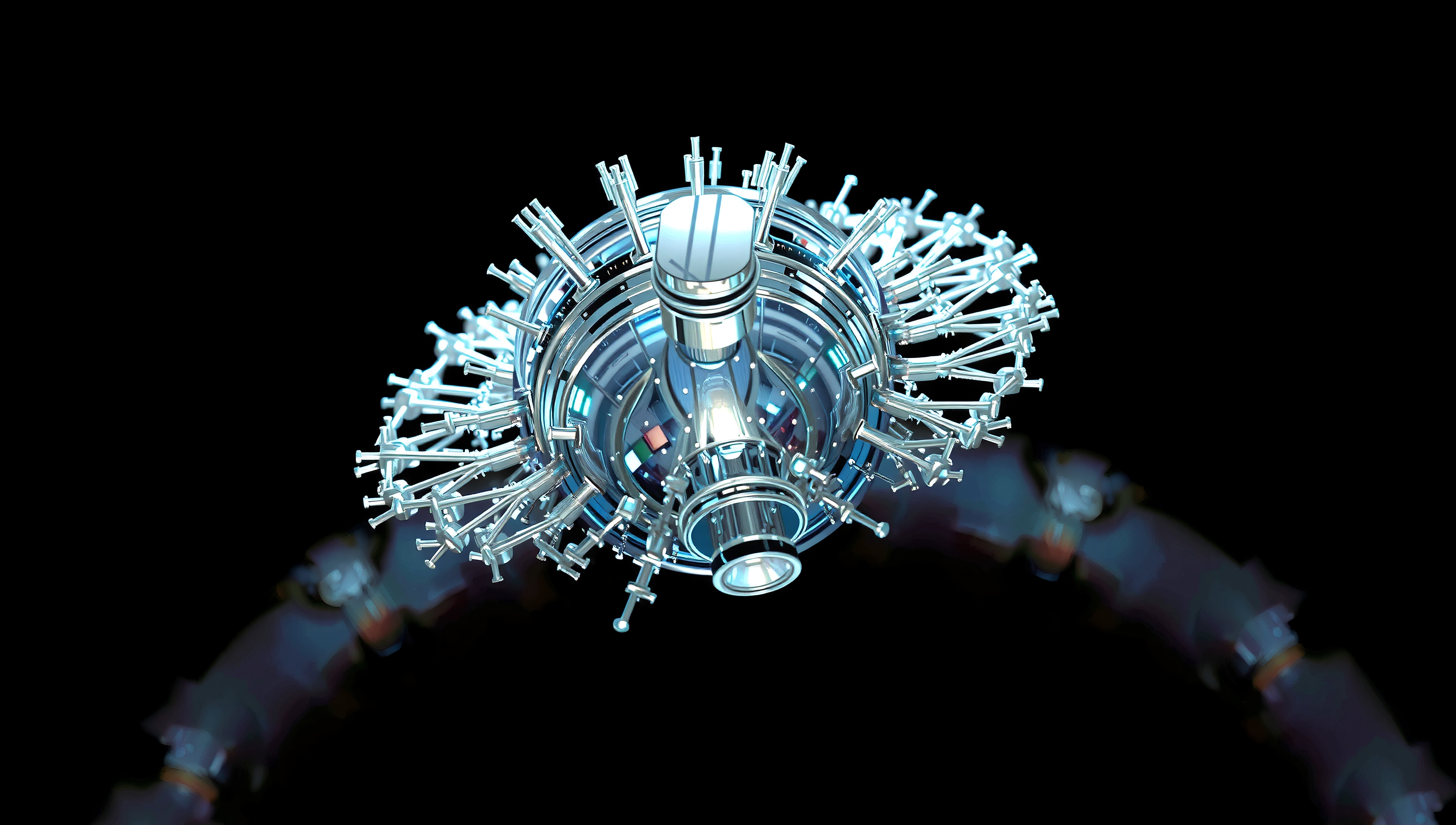 Image of a futuristic satellite with metallic components radiating outward against a dark background.