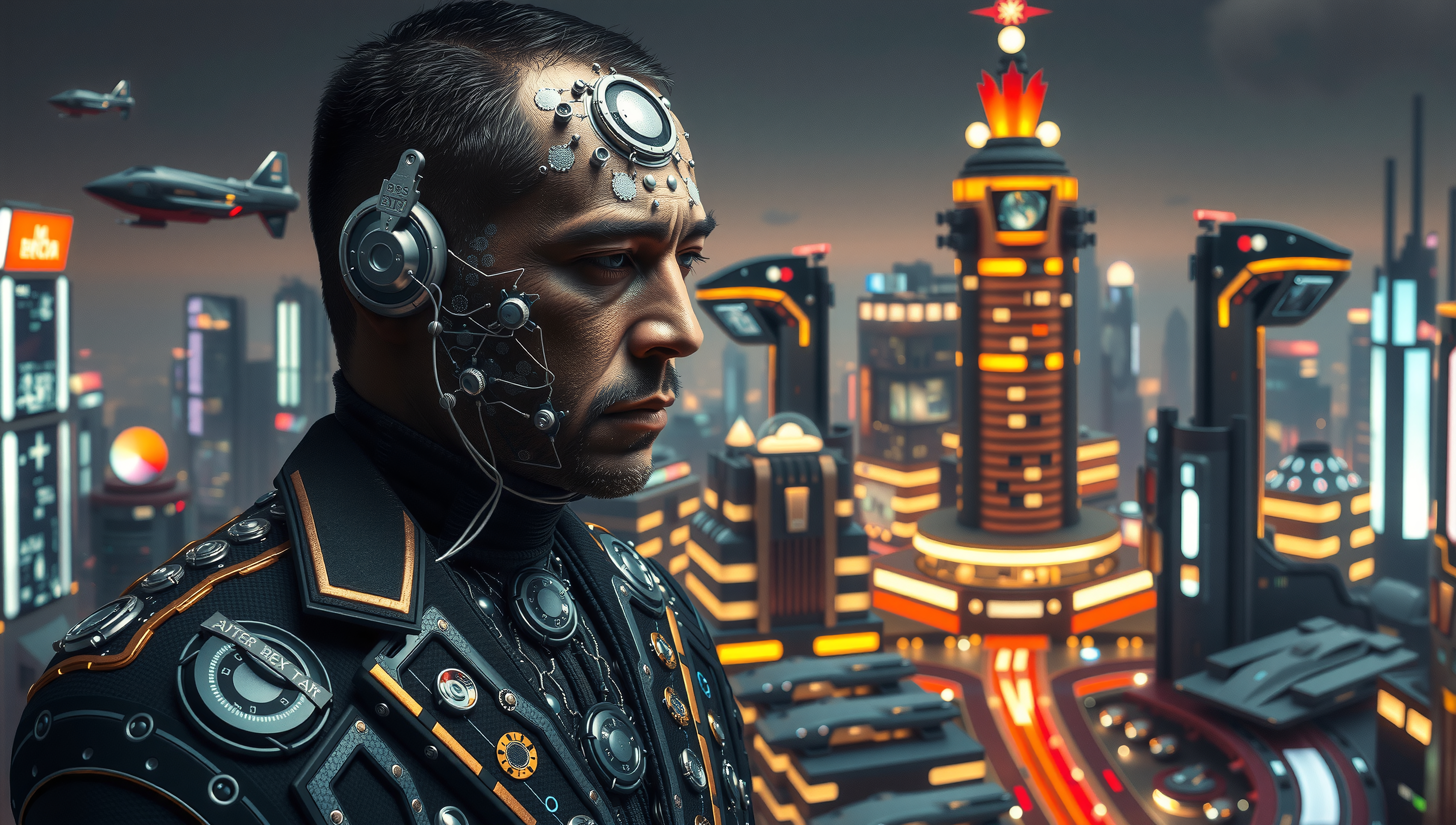 A cybernetic man overlooks a bustling futuristic city filled with neon lights and high-tech elements.