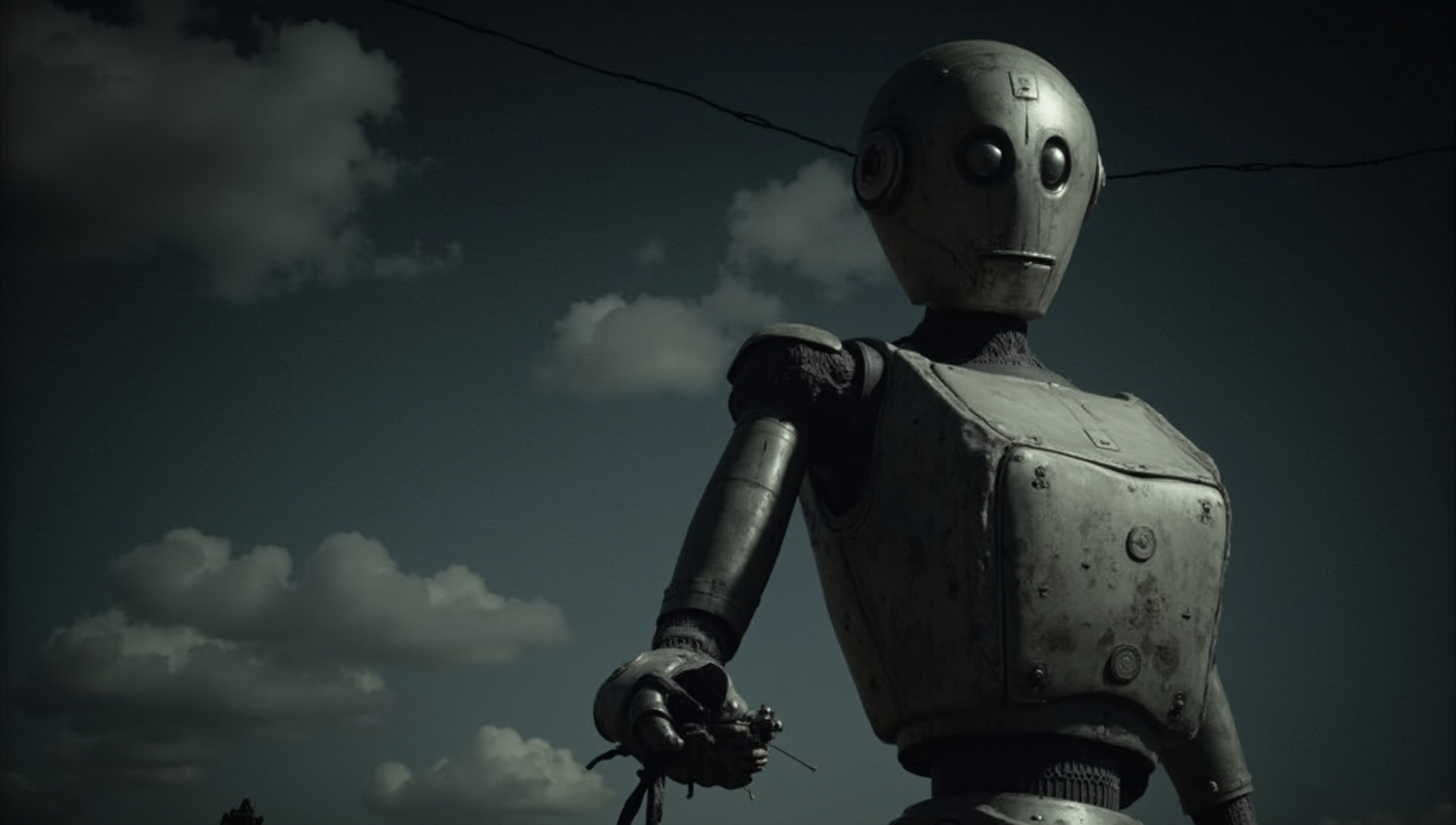 A vintage robot stands under a cloudy sky, exuding mystery and nostalgia.