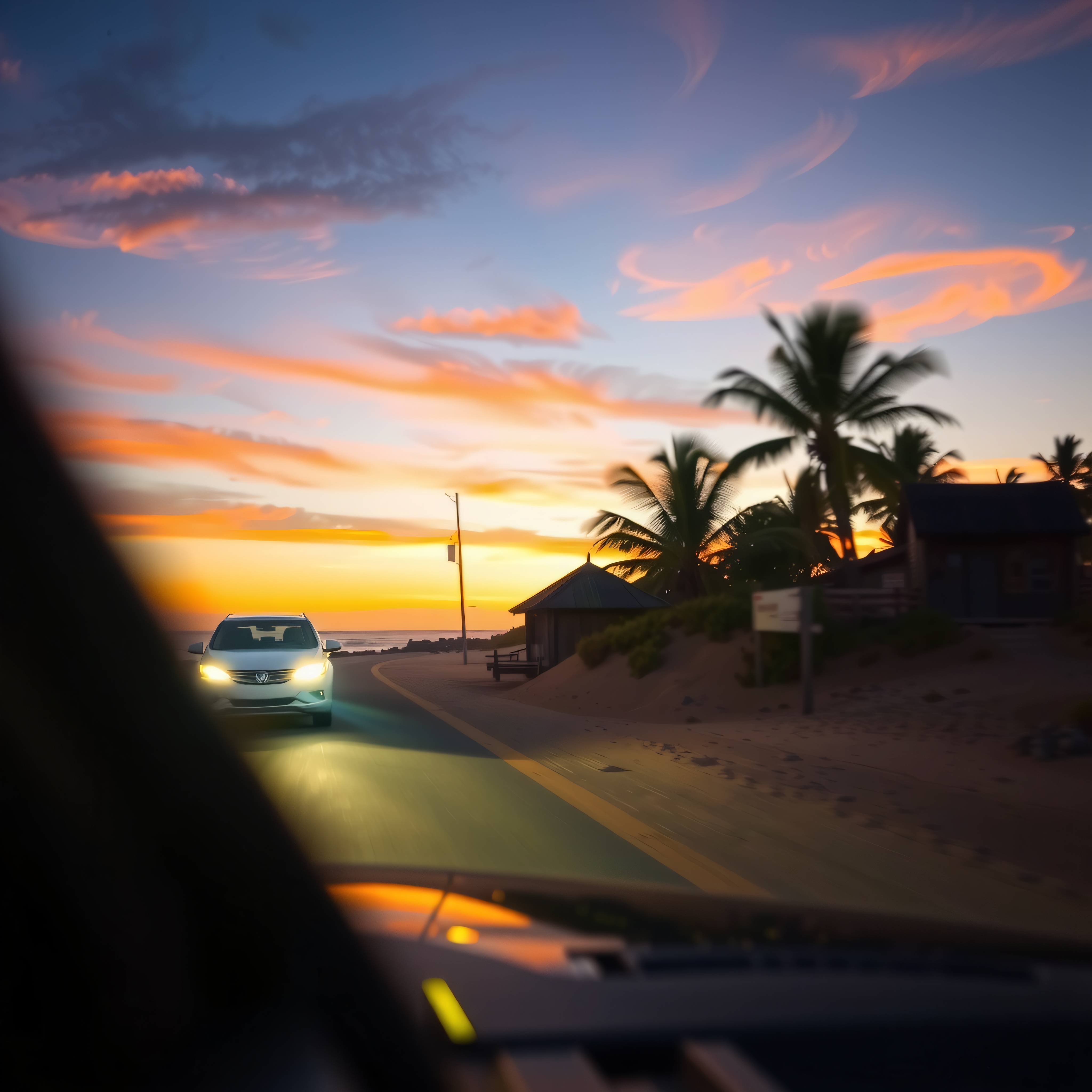 A car on a coastal road during sunset with palm trees and colorful sky.
