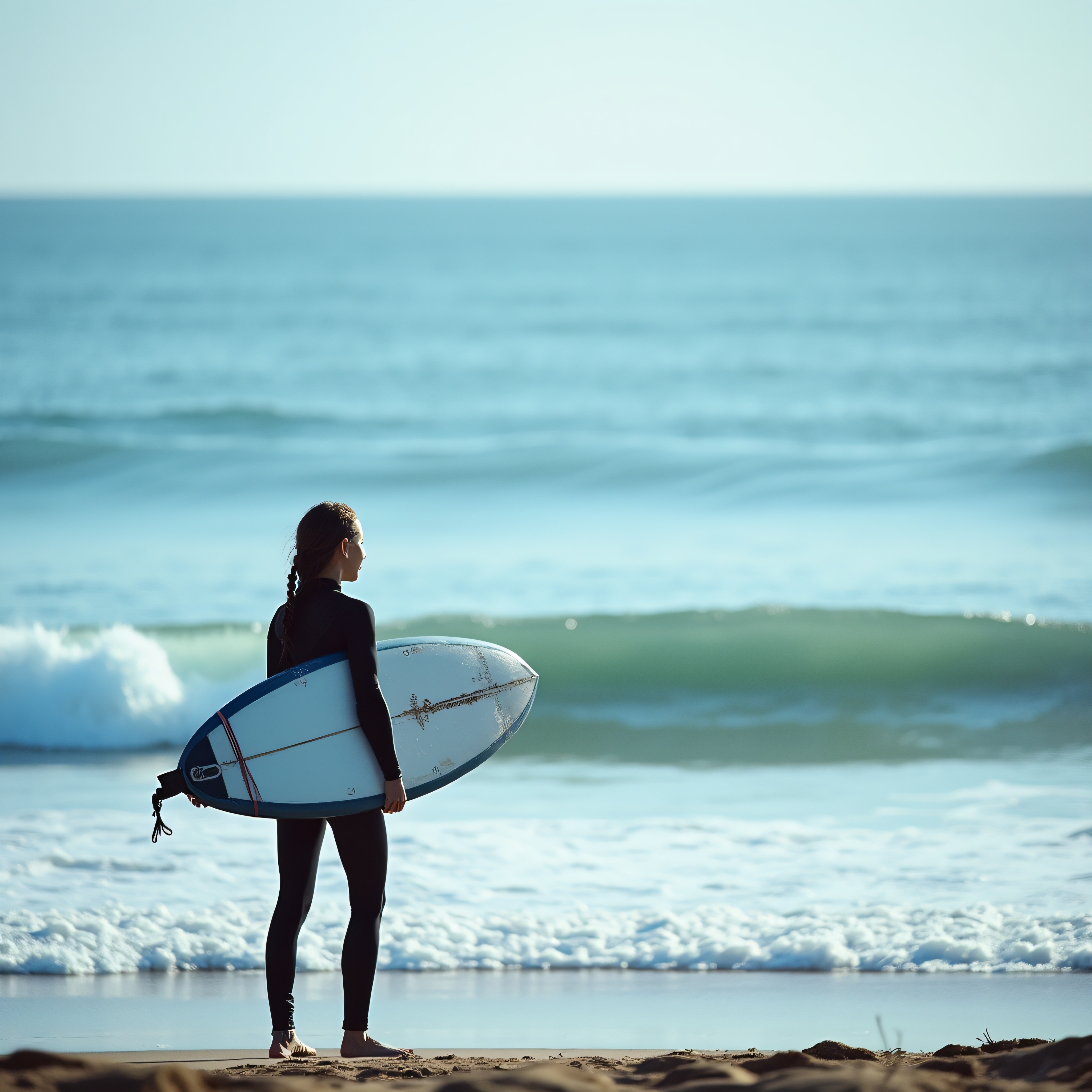 Person in wetsuit holding surfboard gazes at ocean waves.