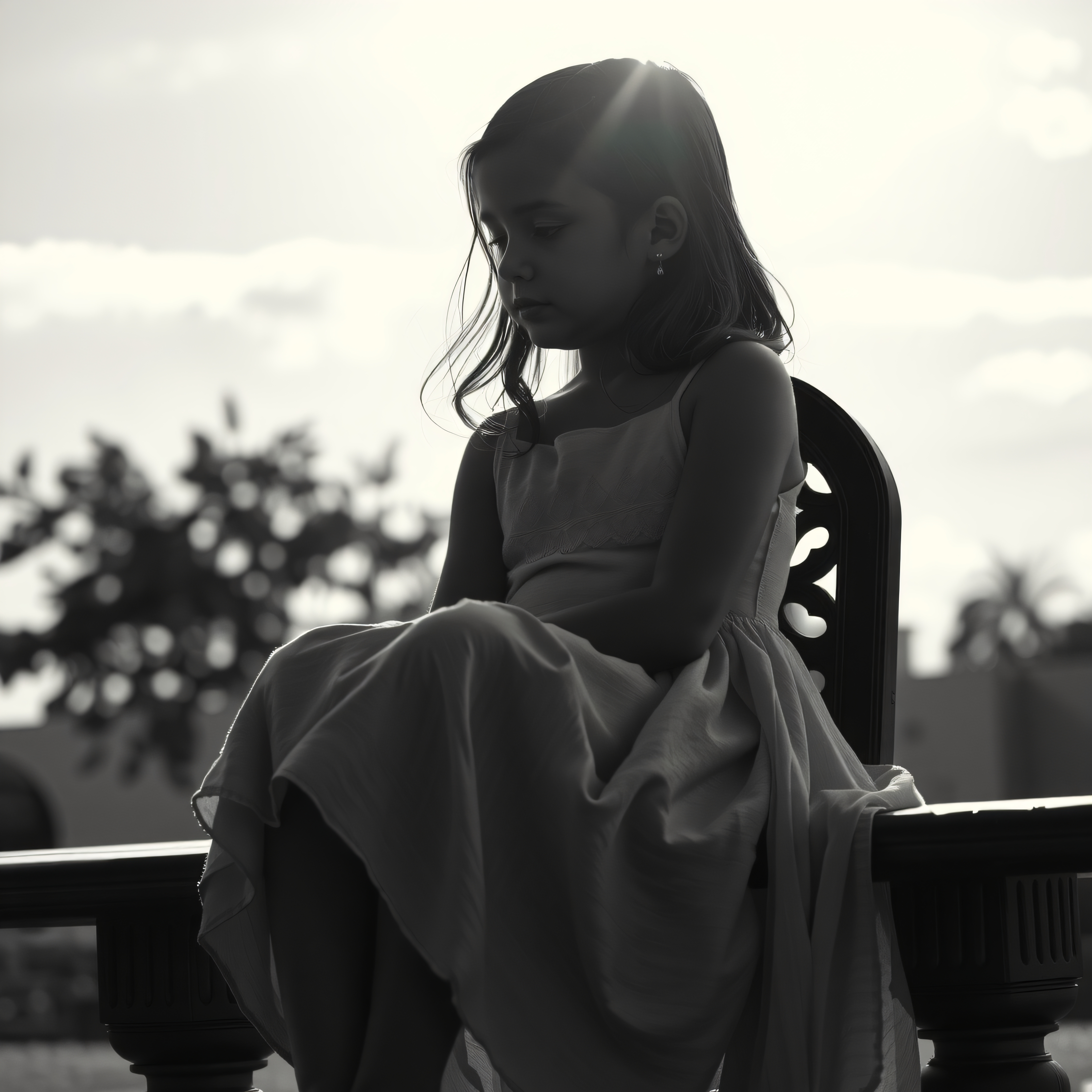 Monochrome portrait of a young girl sitting in contemplation on a wooden bench, with her silhouette backlit by sunlight and a serene natural background.
