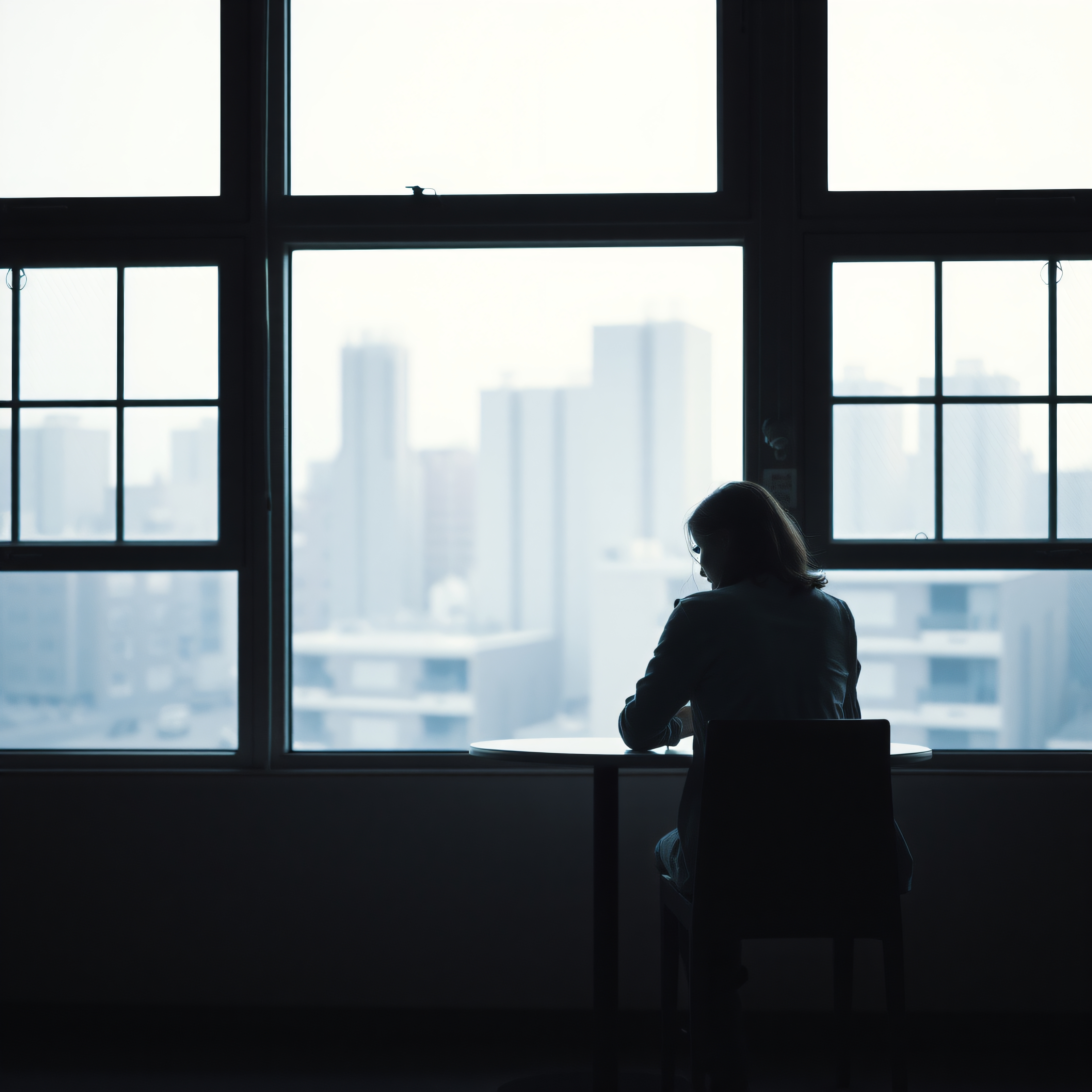 Silhouette of a person sitting by large windows with a cityscape view.