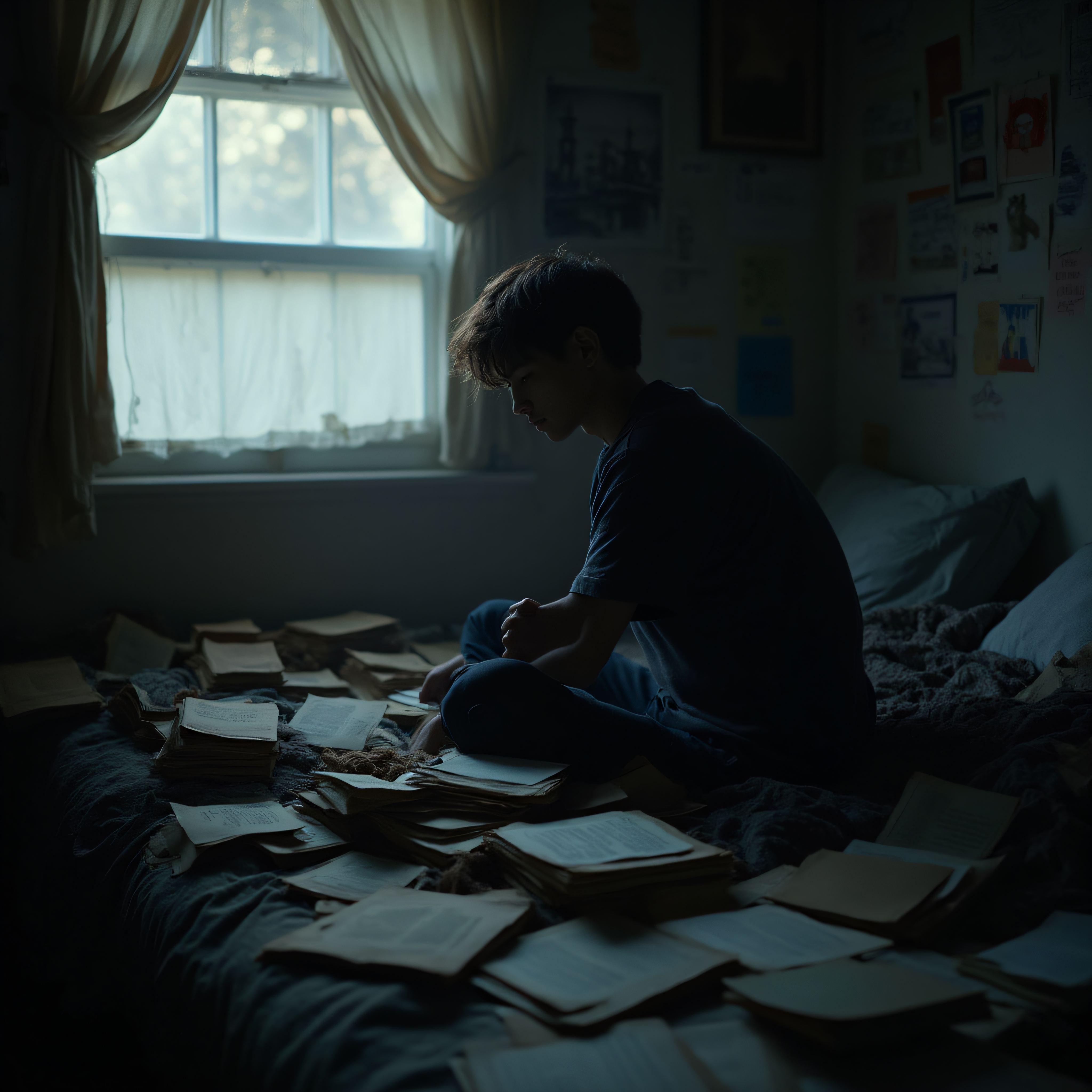 Teenager surrounded by books in dimly lit bedroom with window an
