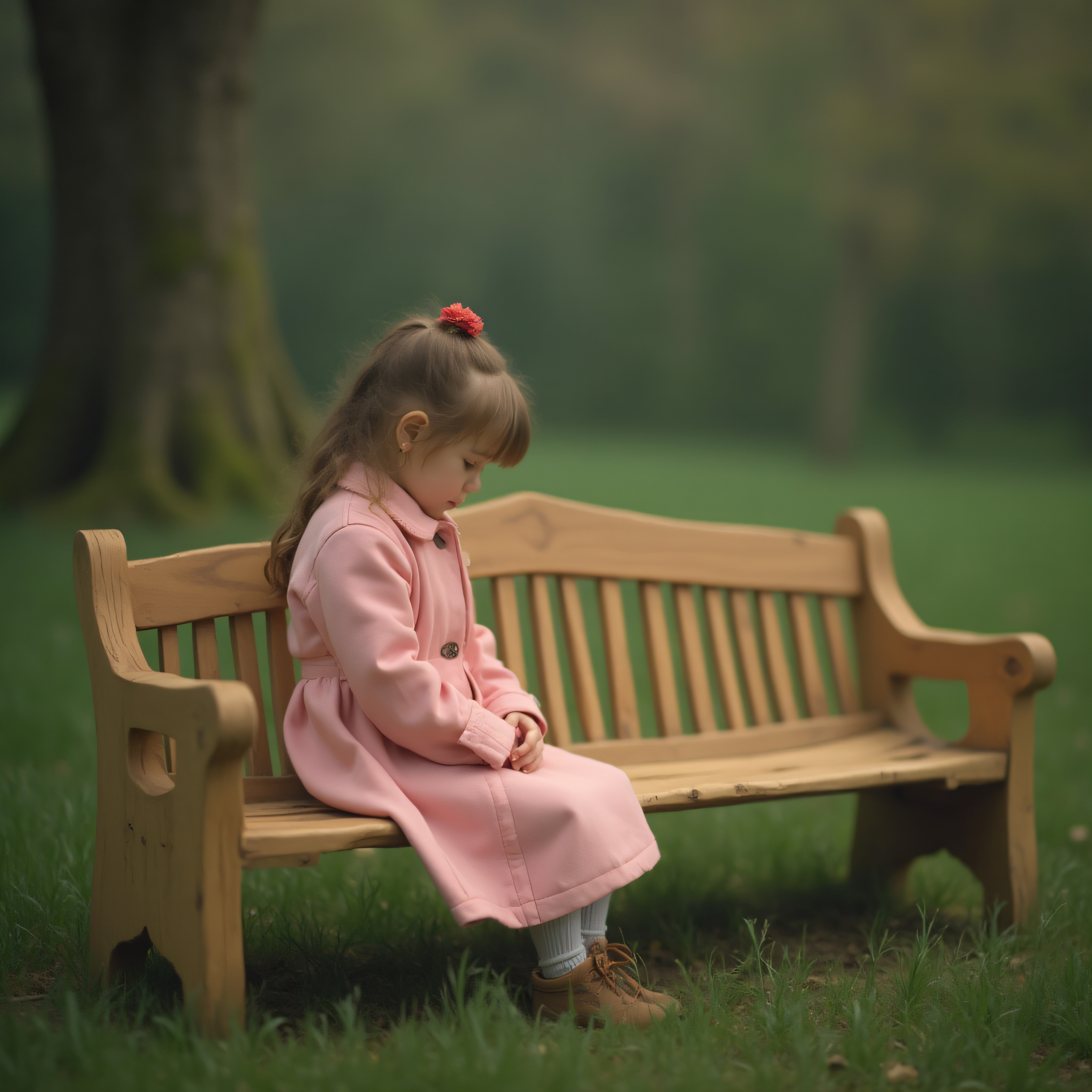 Young girl sitting on a wooden park bench, wearing a pink coat, in a green, serene park setting.