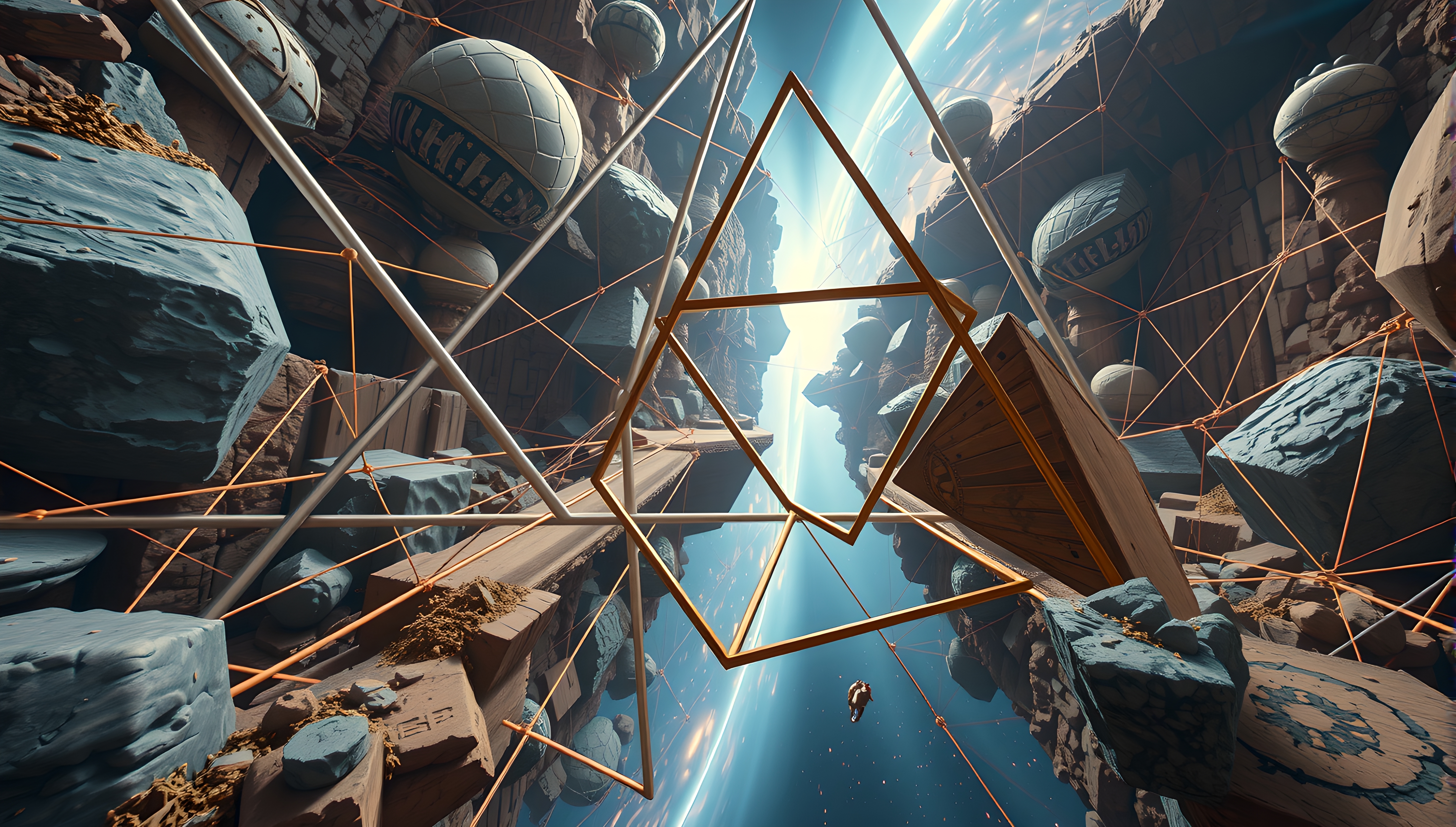 Surreal landscape with floating geometric shapes and glowing cables.