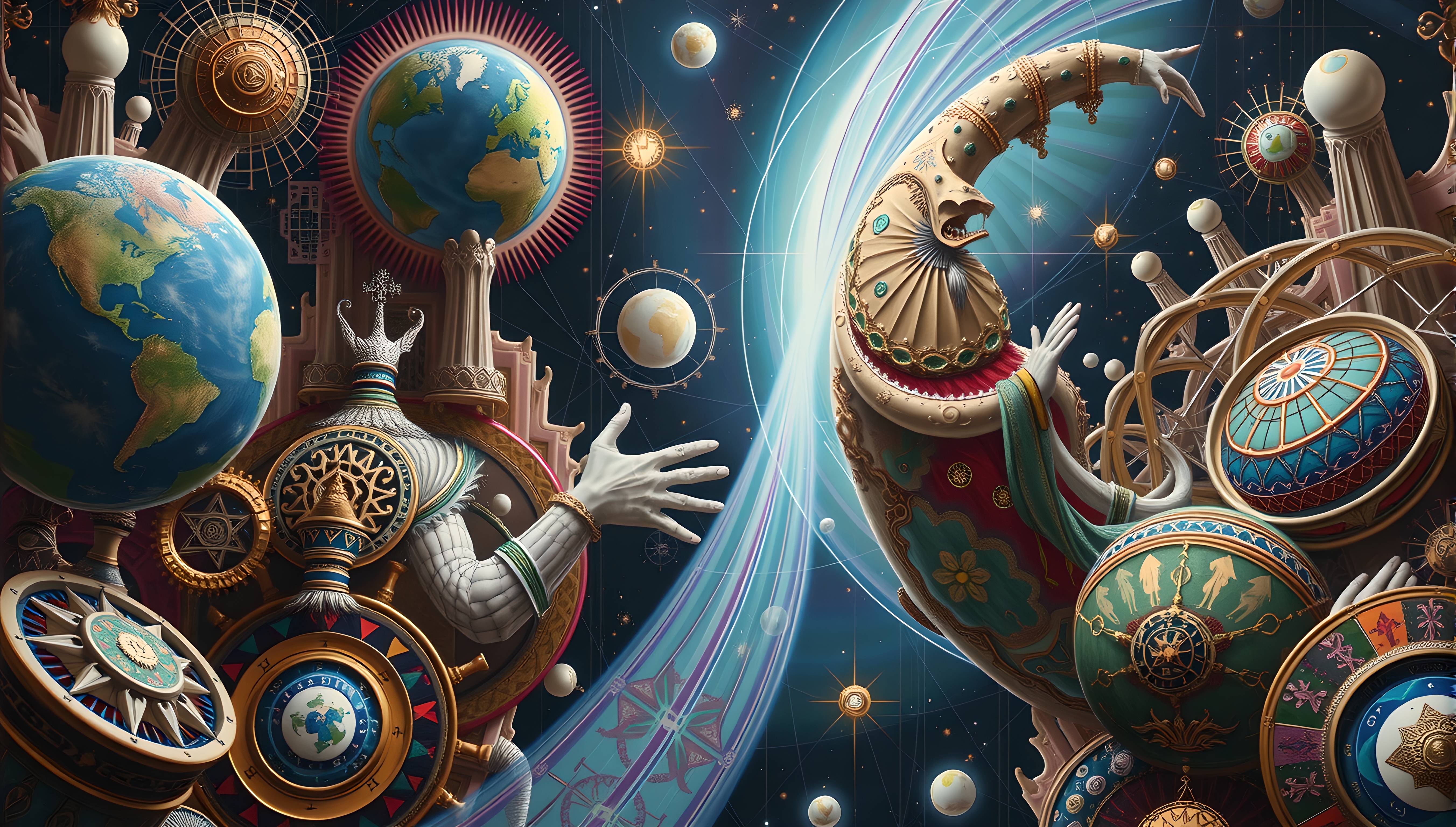 An intricate steampunk fantasy scene with cosmic elements and mechanical figures intertwined with celestial motifs.