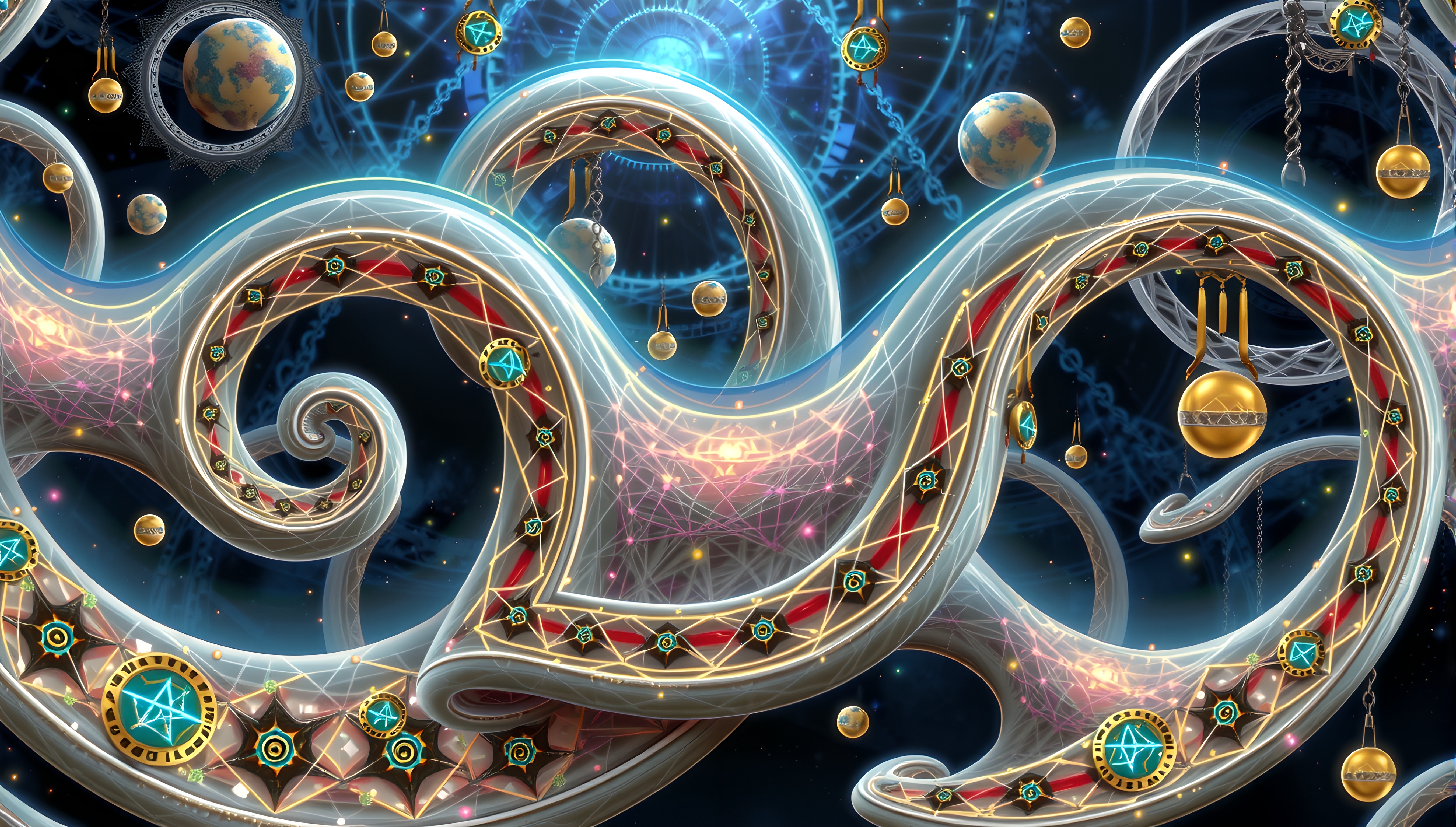 Futuristic Cosmic Abstract Art with Geometric Patterns and Glowi
