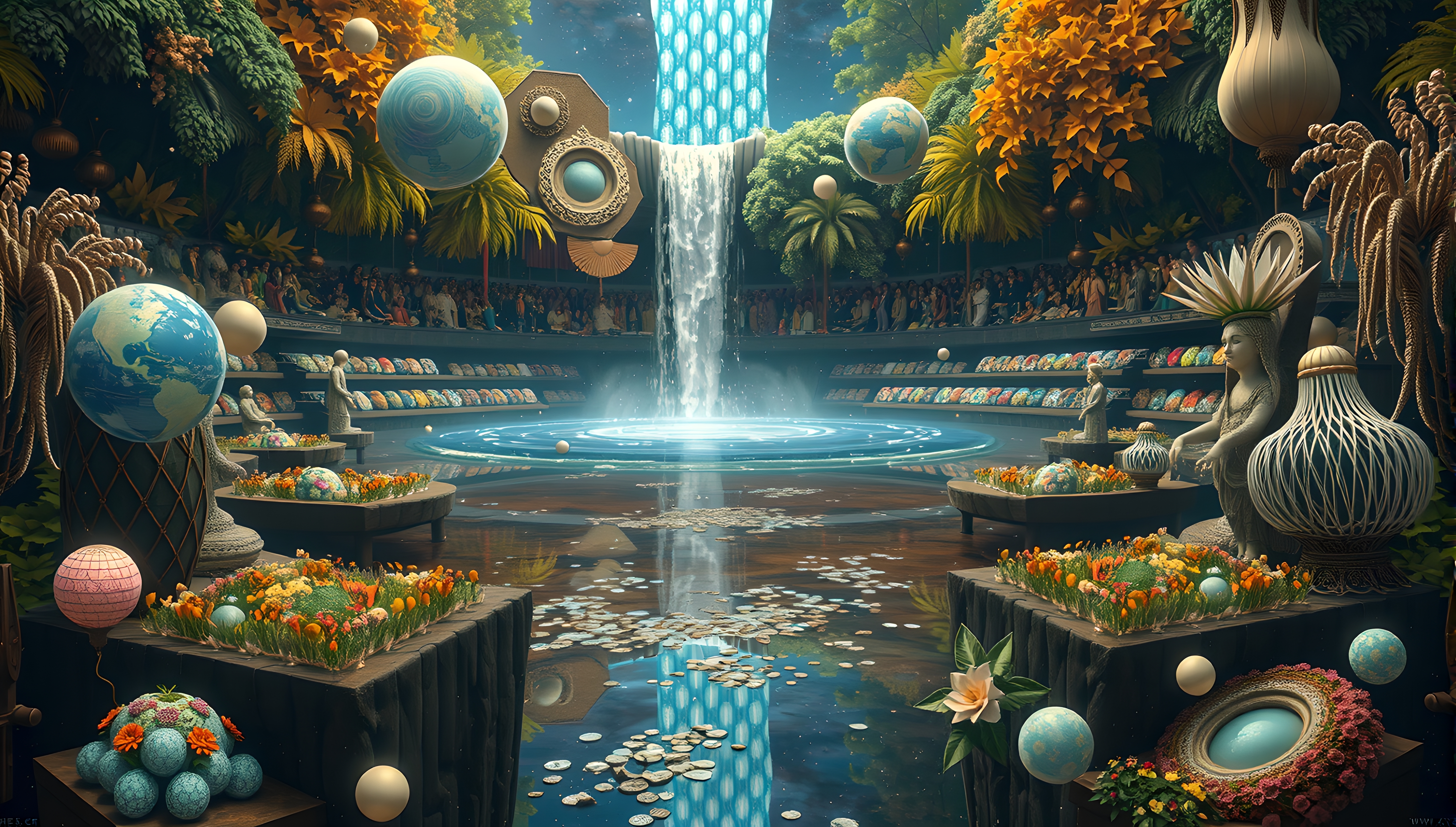 An enchanting garden with celestial accents, featuring floating planets and vibrant vegetation around a central waterfall, creating an immersive and fantastical scene.