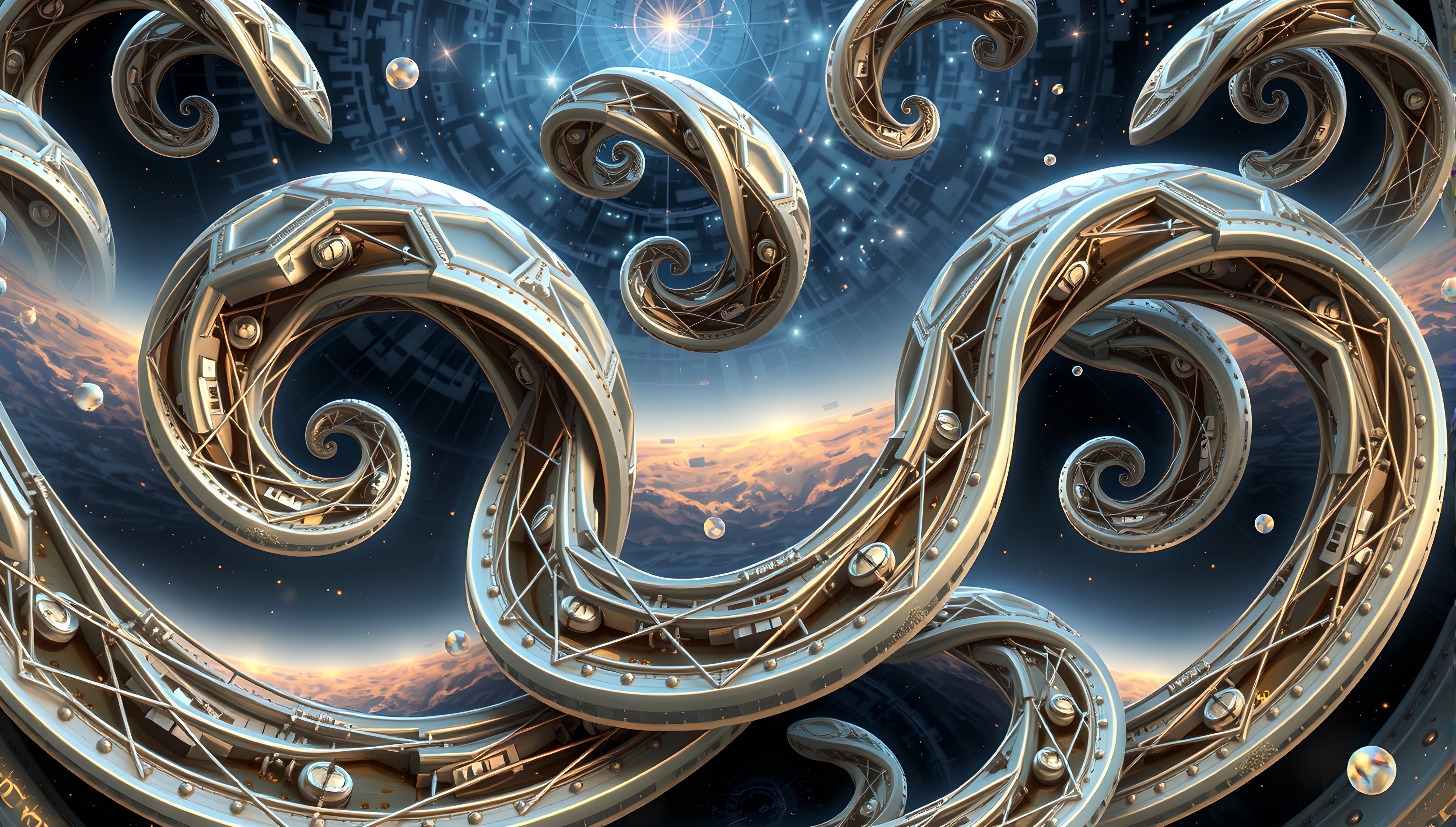 Futuristic metallic spirals against a cosmic background, featuring swirling designs, celestial motifs, and a bright horizon.