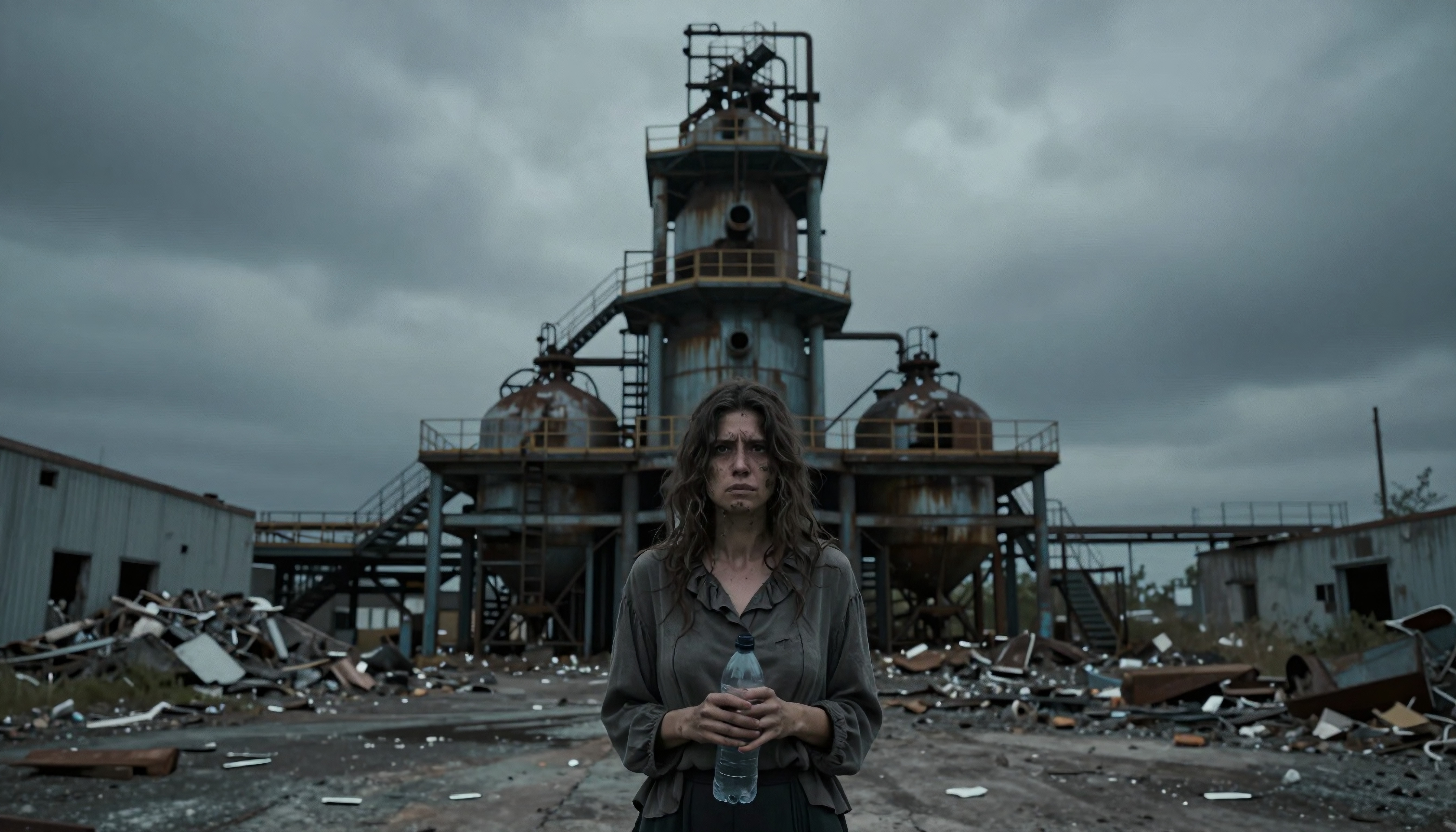 A somber woman stands in front of an abandoned factory amidst debris under an overcast sky.