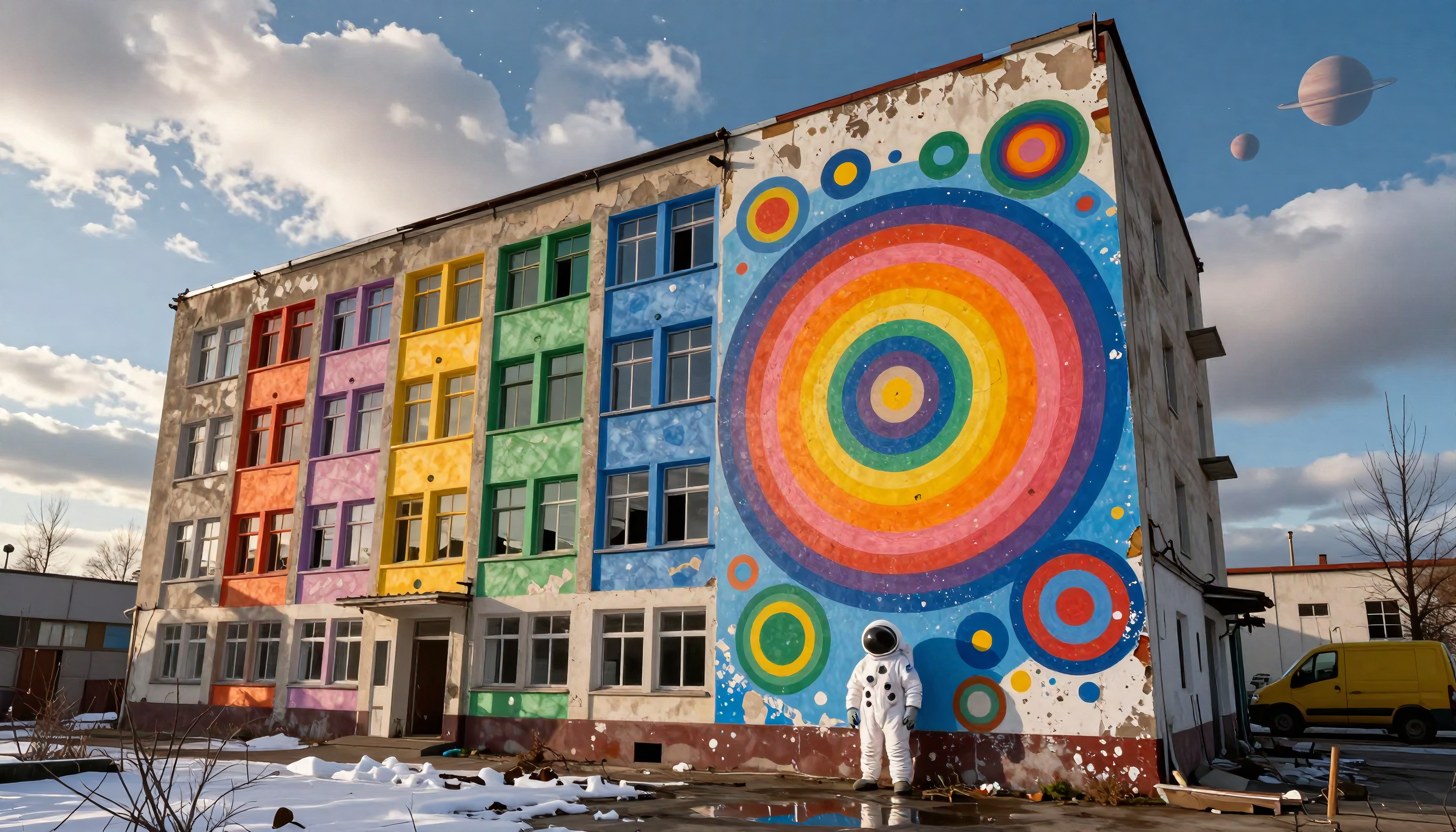 A colorful mural with concentric circles covers a building wall, featuring an astronaut.