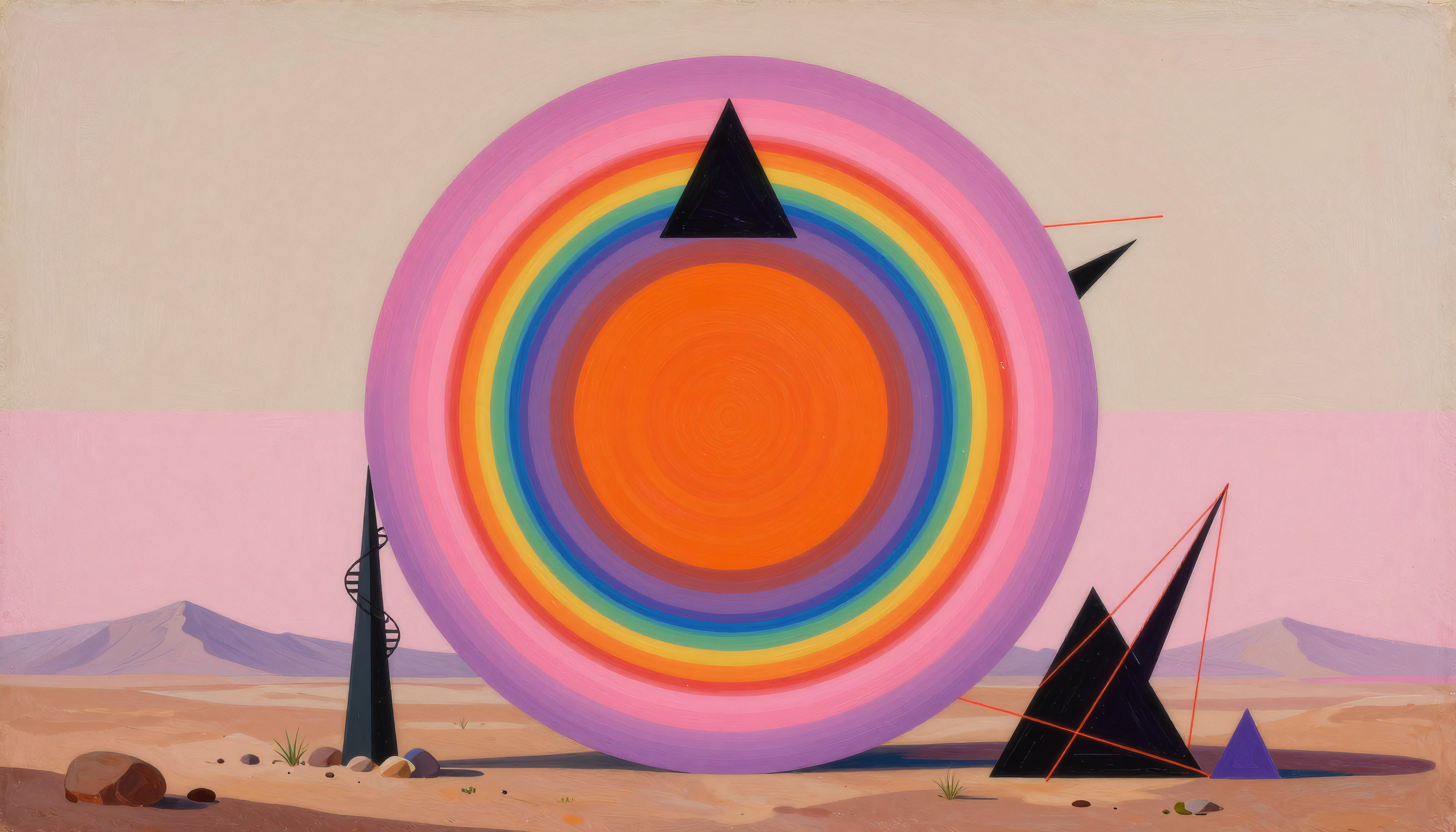 Abstract Desert Landscape with Multicolored Circular Structure a