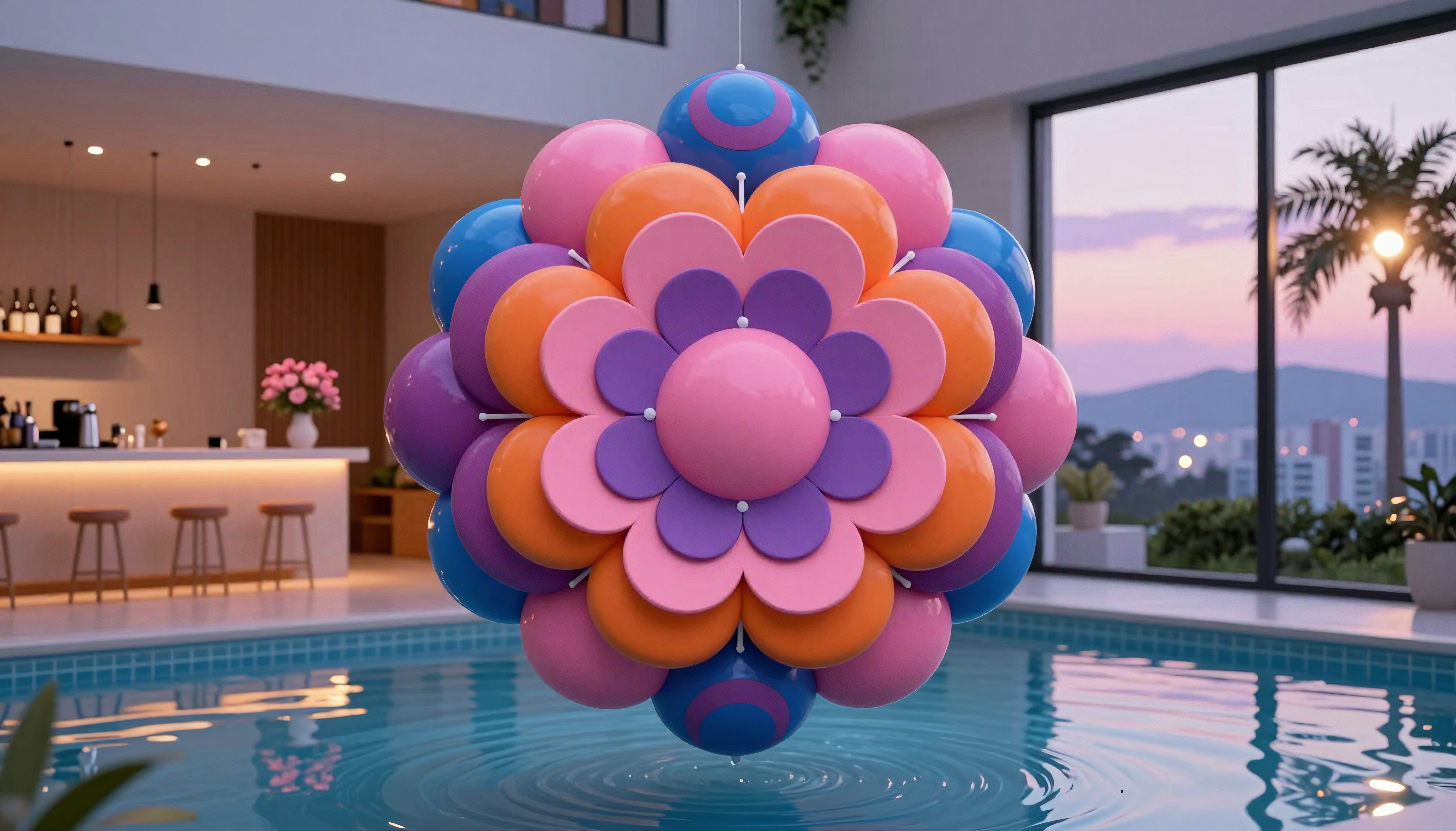 Colorful 3D geometric art over a serene indoor pool at twilight.