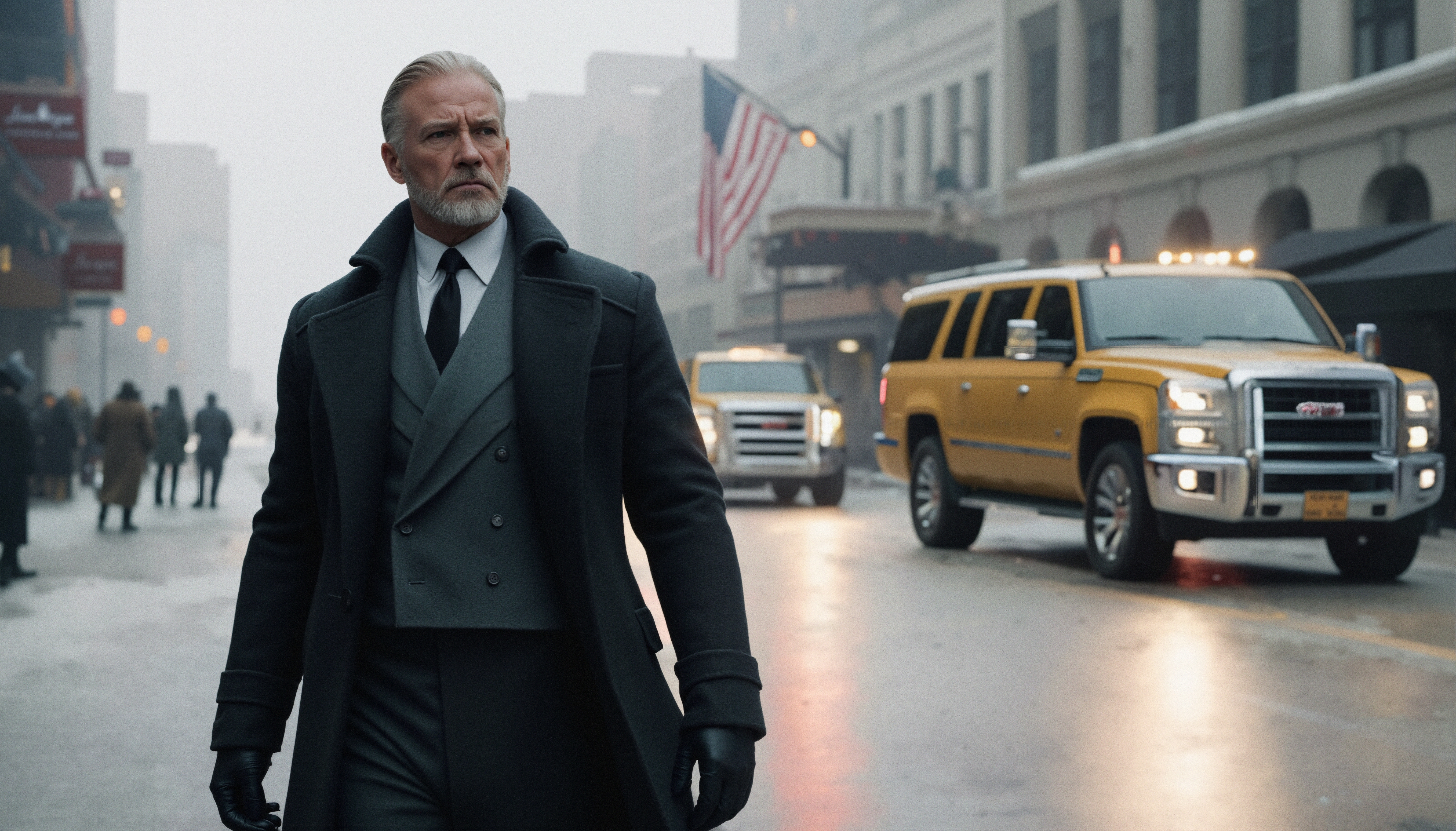 A mature man in a suit walks through a bustling city street with yellow taxis and an American flag in the background, embodying urban sophistication.