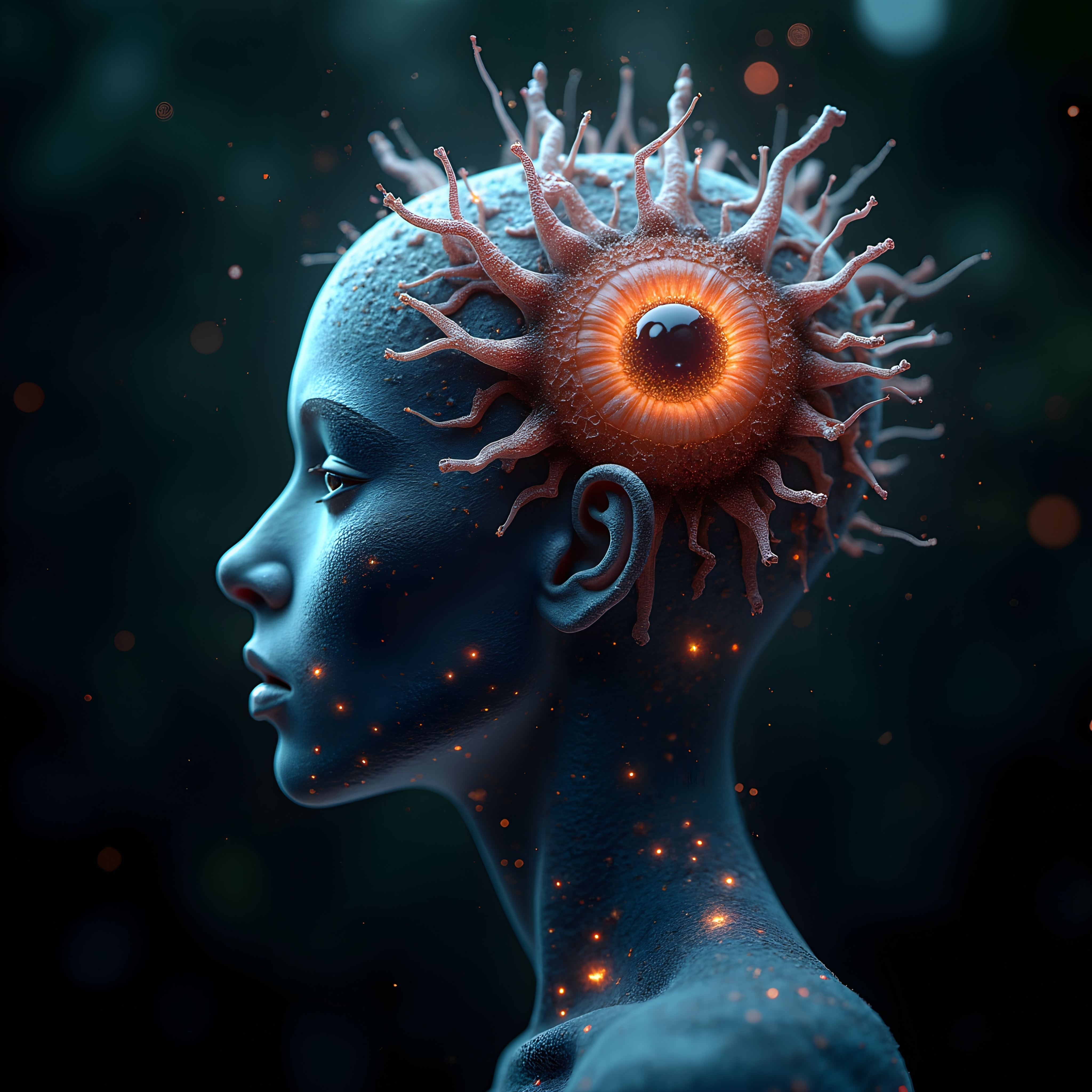 A futuristic humanoid with a glowing, tentacled eye structure on its head against a dark background.