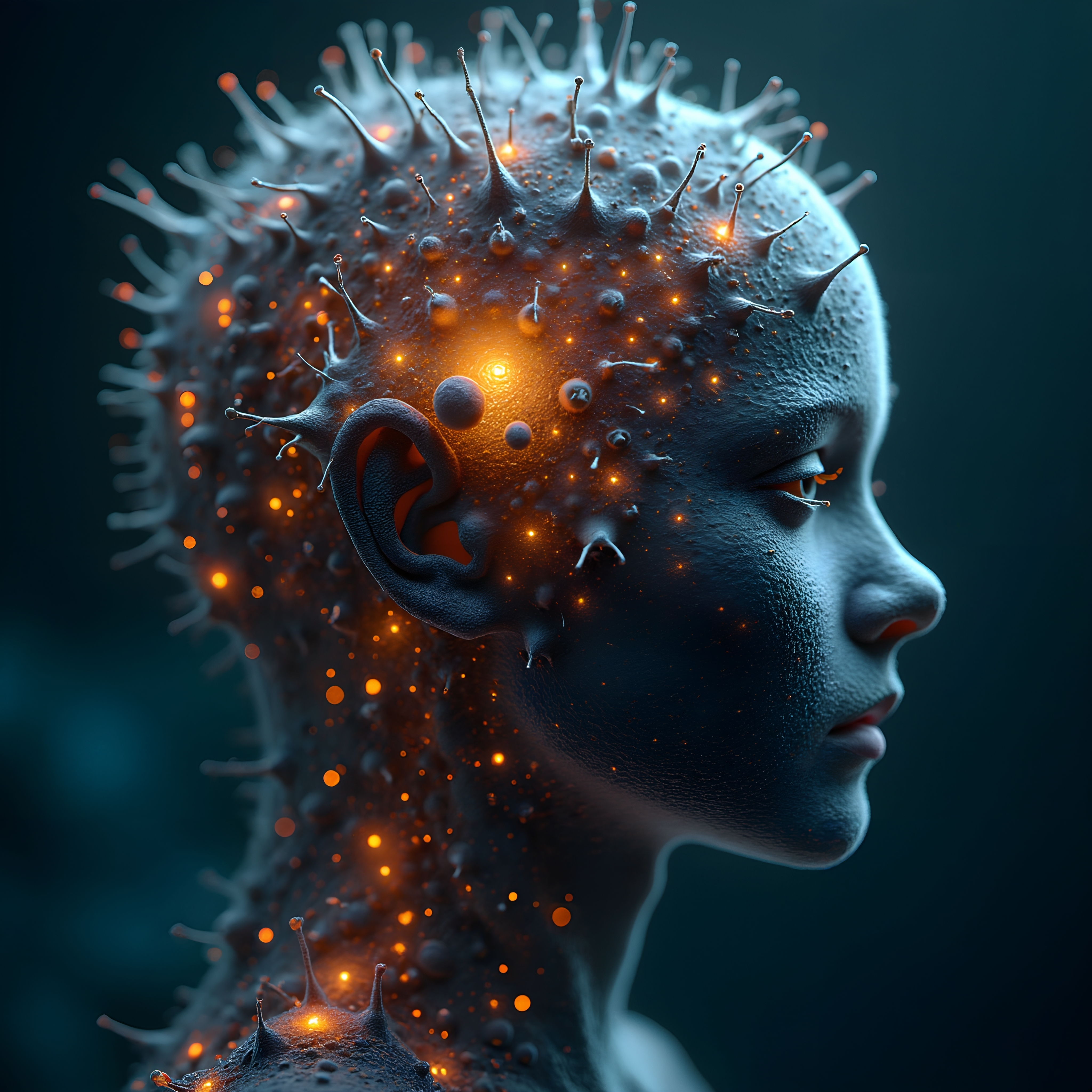 A futuristic human head with glowing elements and tendrils.