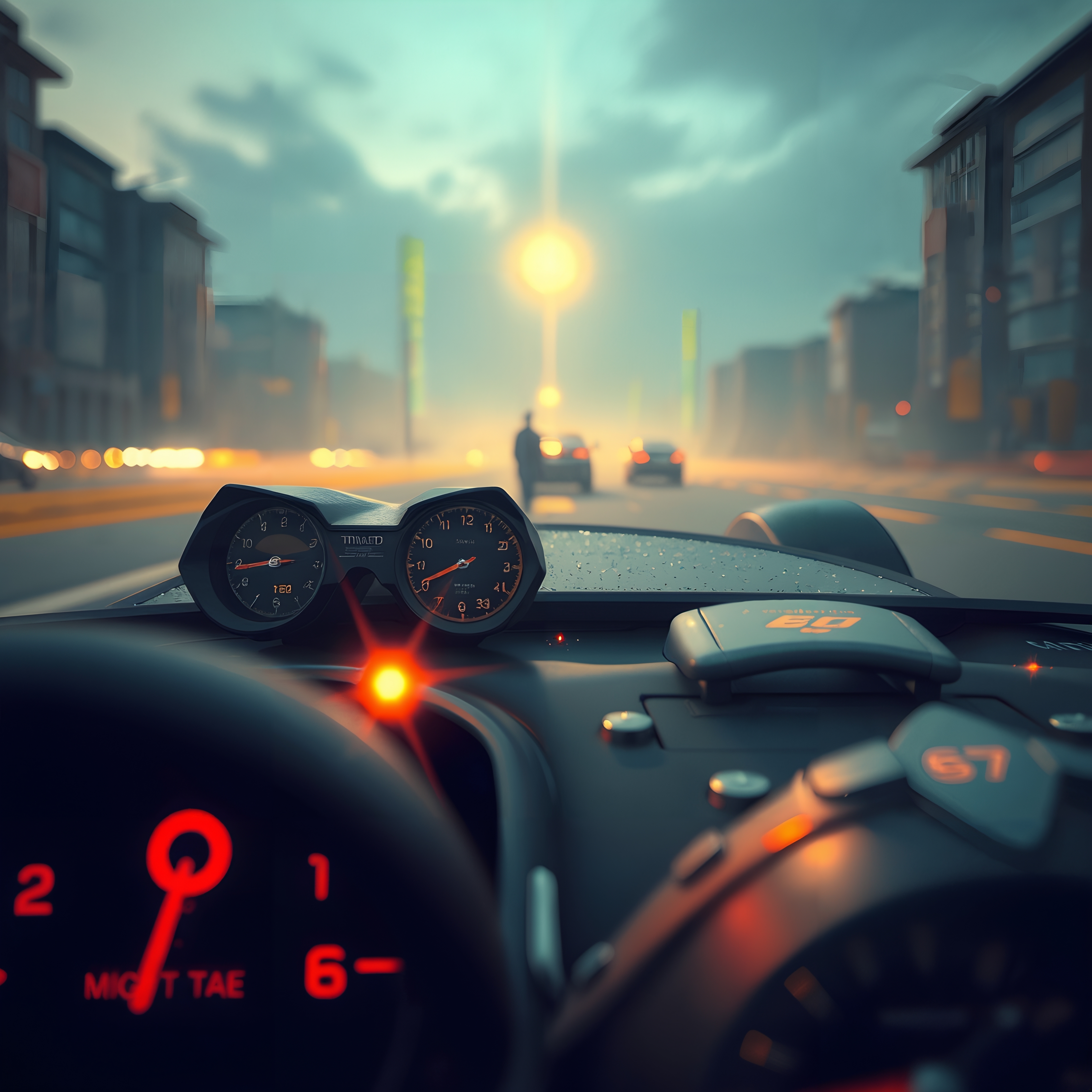 Interior view of a high-performance car showcasing its dashboard, steering wheel, and cityscape through windshield under dramatic lighting.