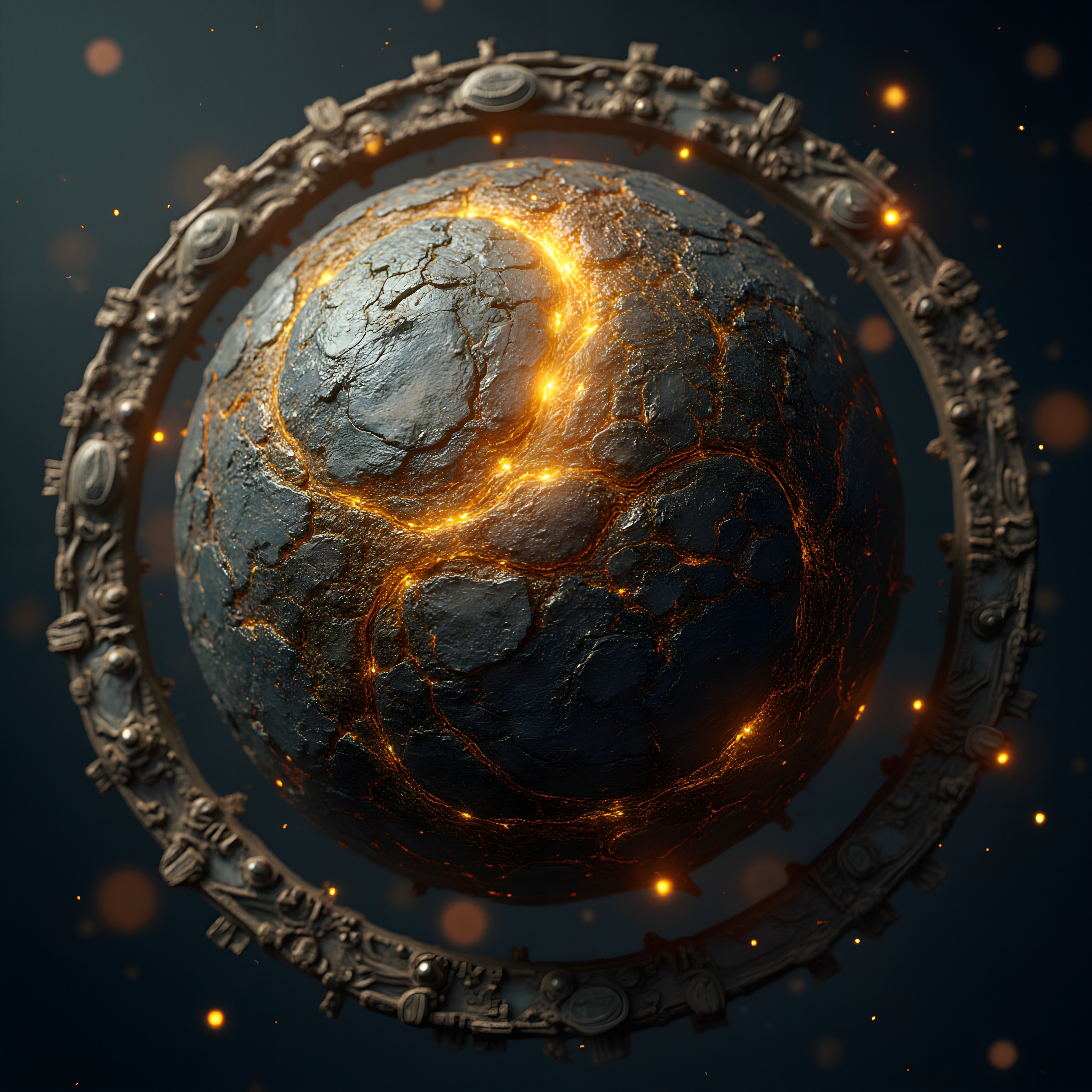 A luminous sphere with glowing cracks surrounded by an ornate ring in space.