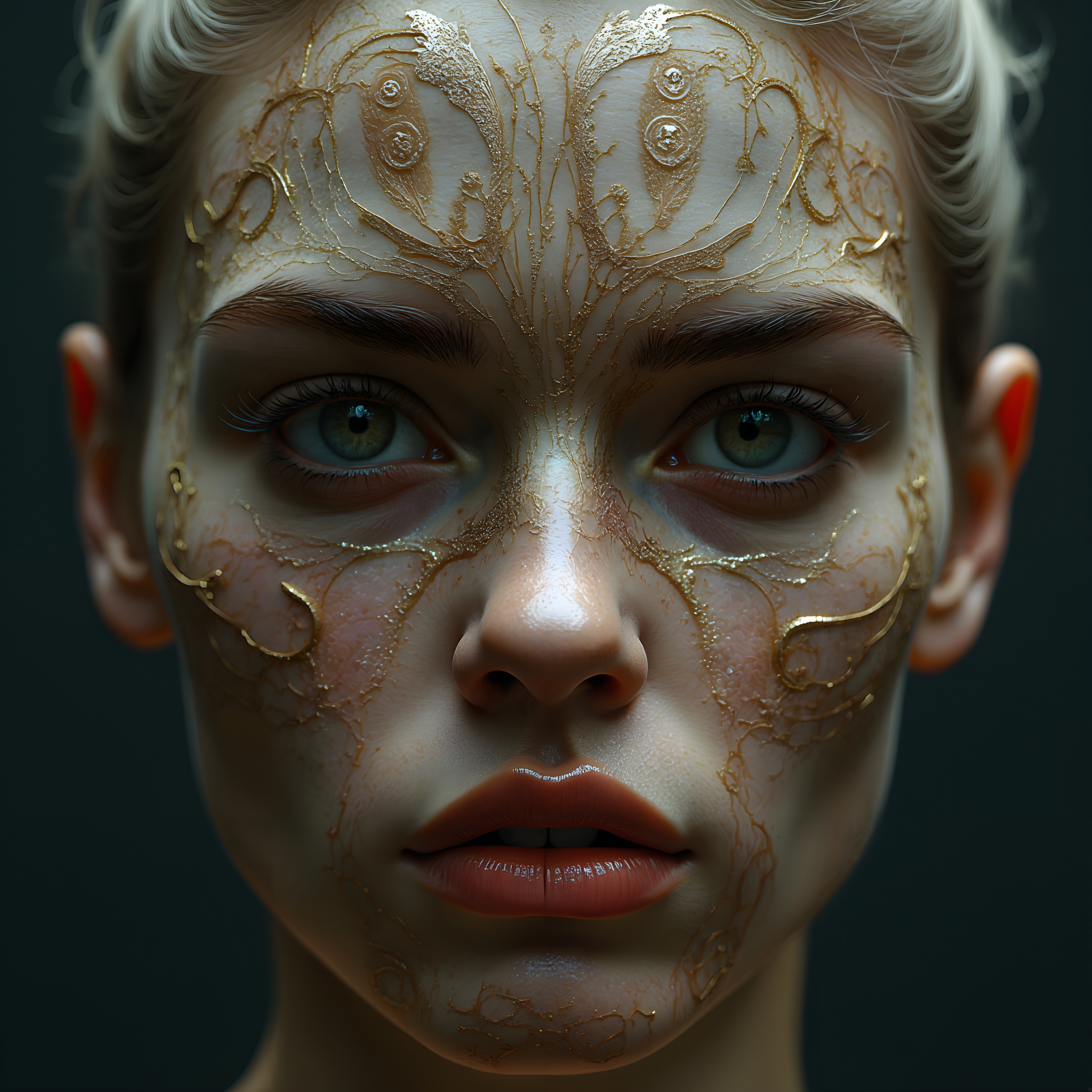 A close-up image of a face with gold decorative patterns.